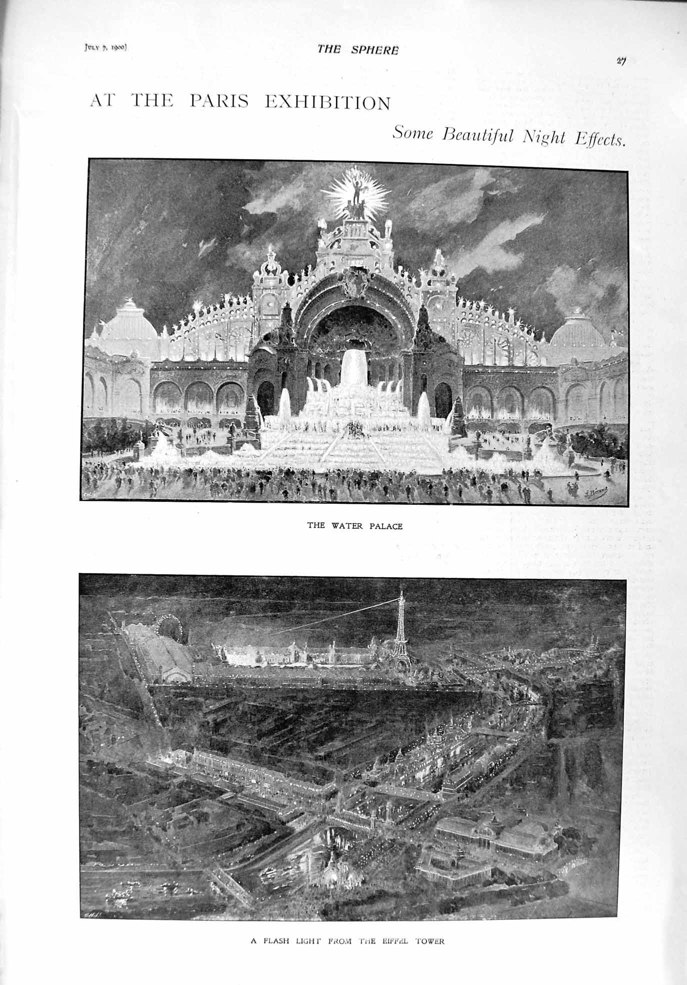 Old Antique Print 1900 Paris Water Palace Eiffel Tower Mottier Lafayette 20th