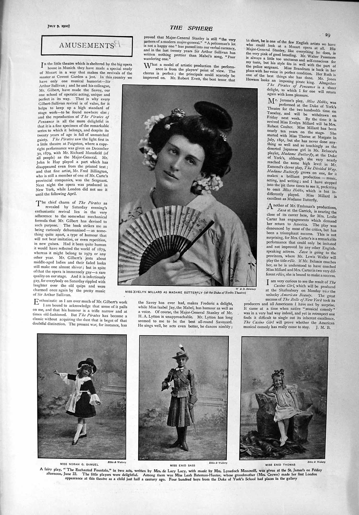 Original Old Antique Print 1900 Millard Butterfly Theatre Sass Thomas Romulus