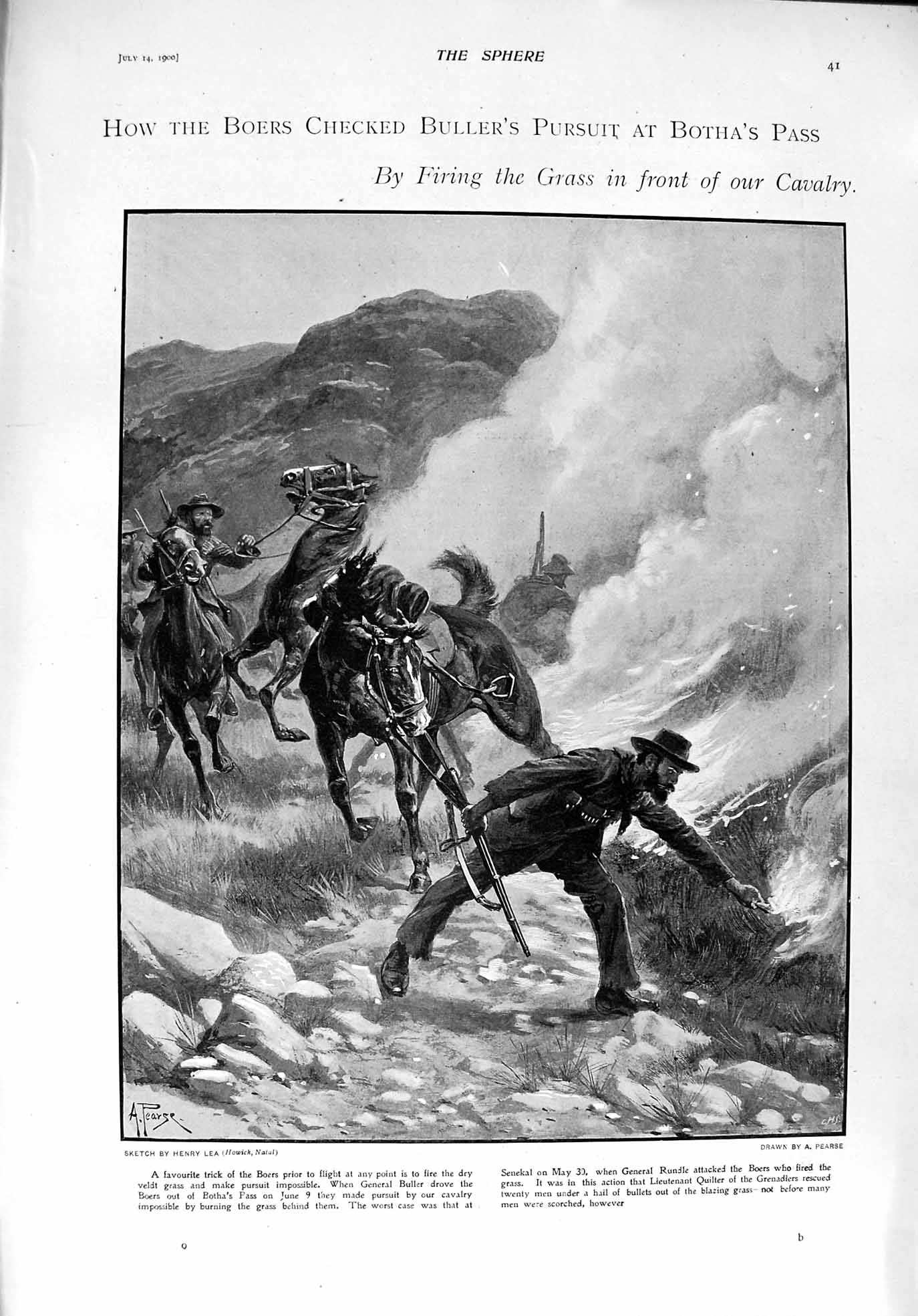 Original Old Antique Print 1900 Boers Burning Grass Botha'S Pass Kingsley War