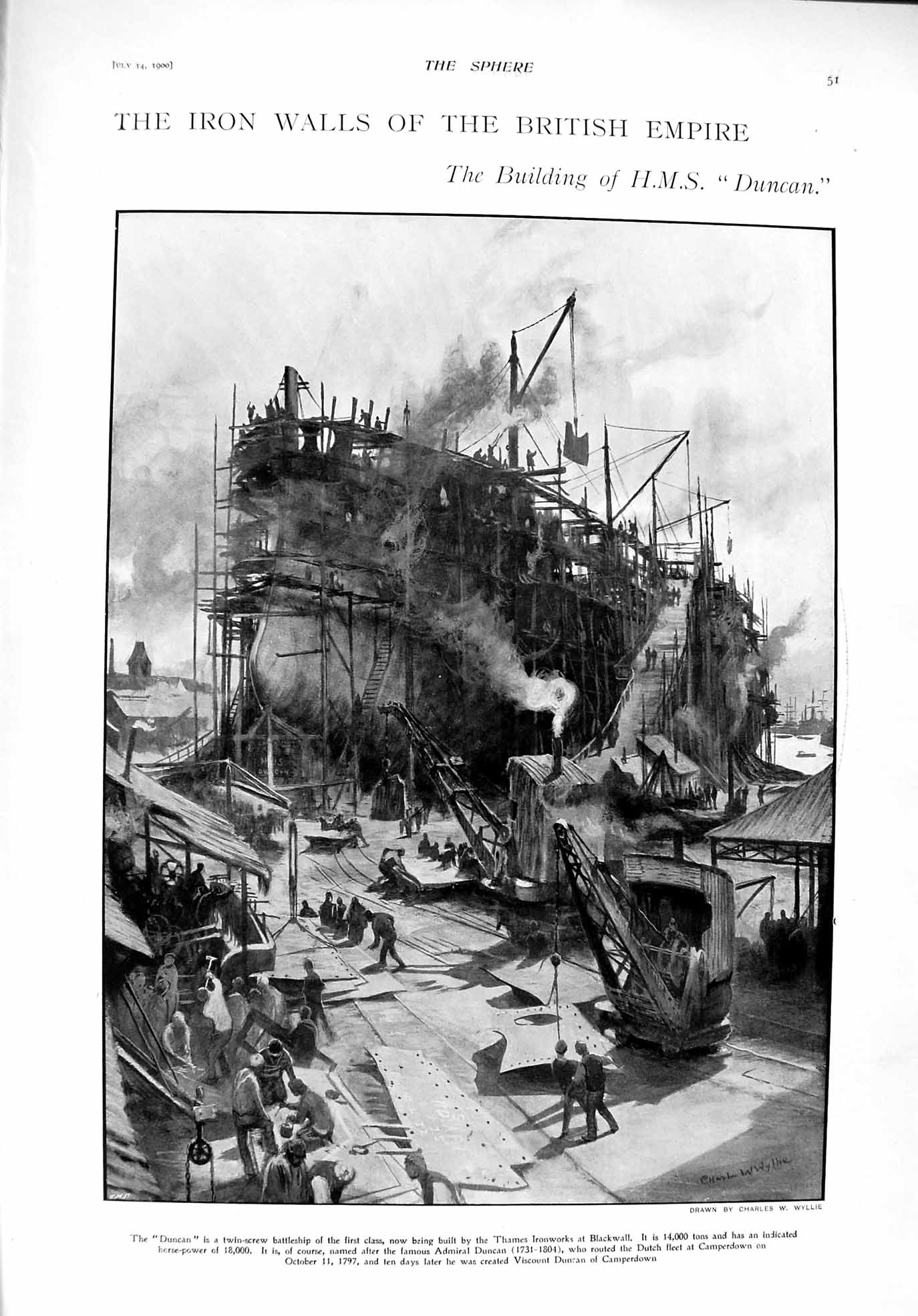 Old Antique Print 1900 Duncan Twin-Screw Battle Ship Blackwall Miss Tighe 20th