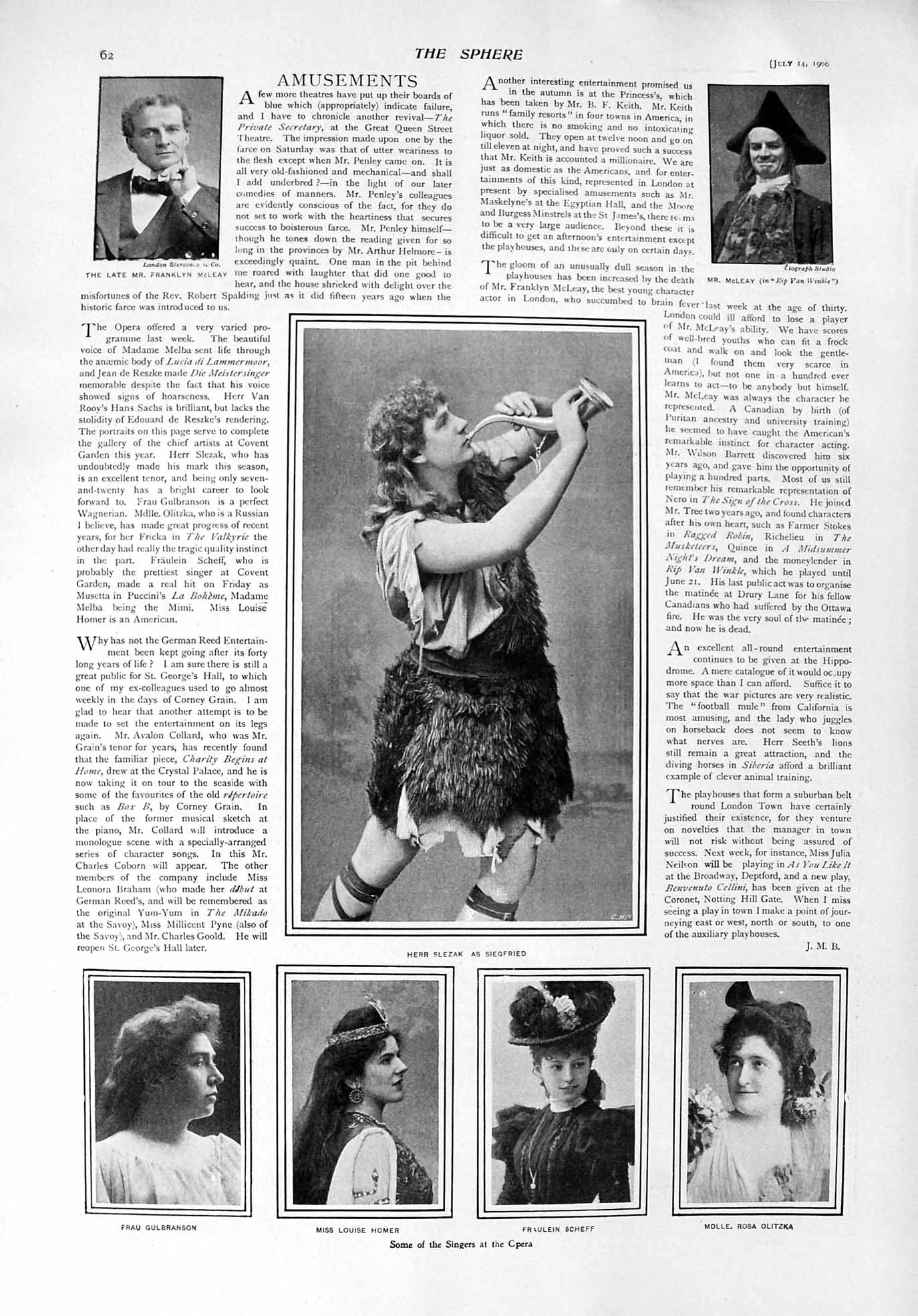 Old Antique Print 1900 Theatre Homer Scheff Olitzka Slezak Meyer Sheldon 20th
