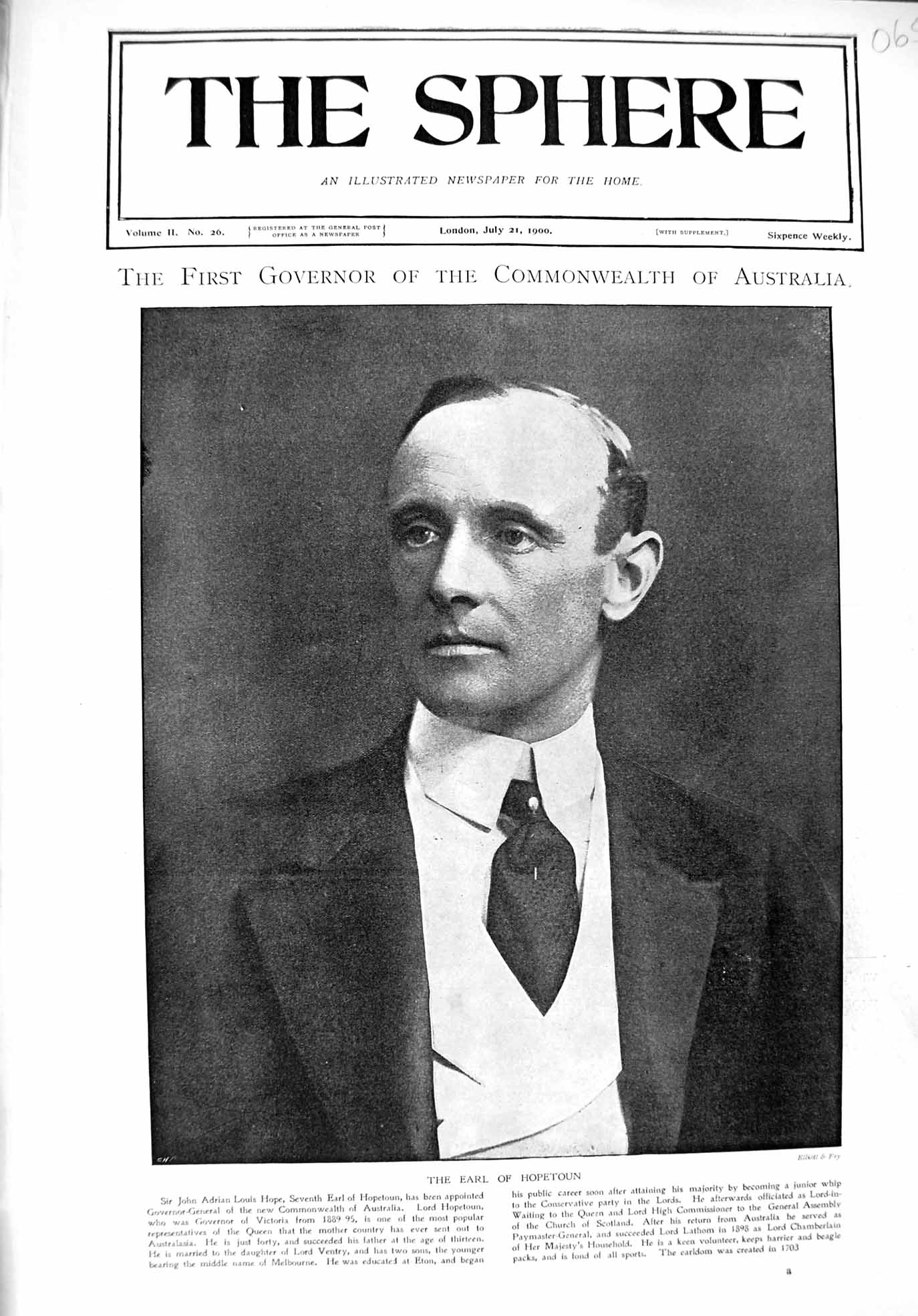 Original Old Antique Print 1900 Governor Commonwealth Australia Earl Hopetoun