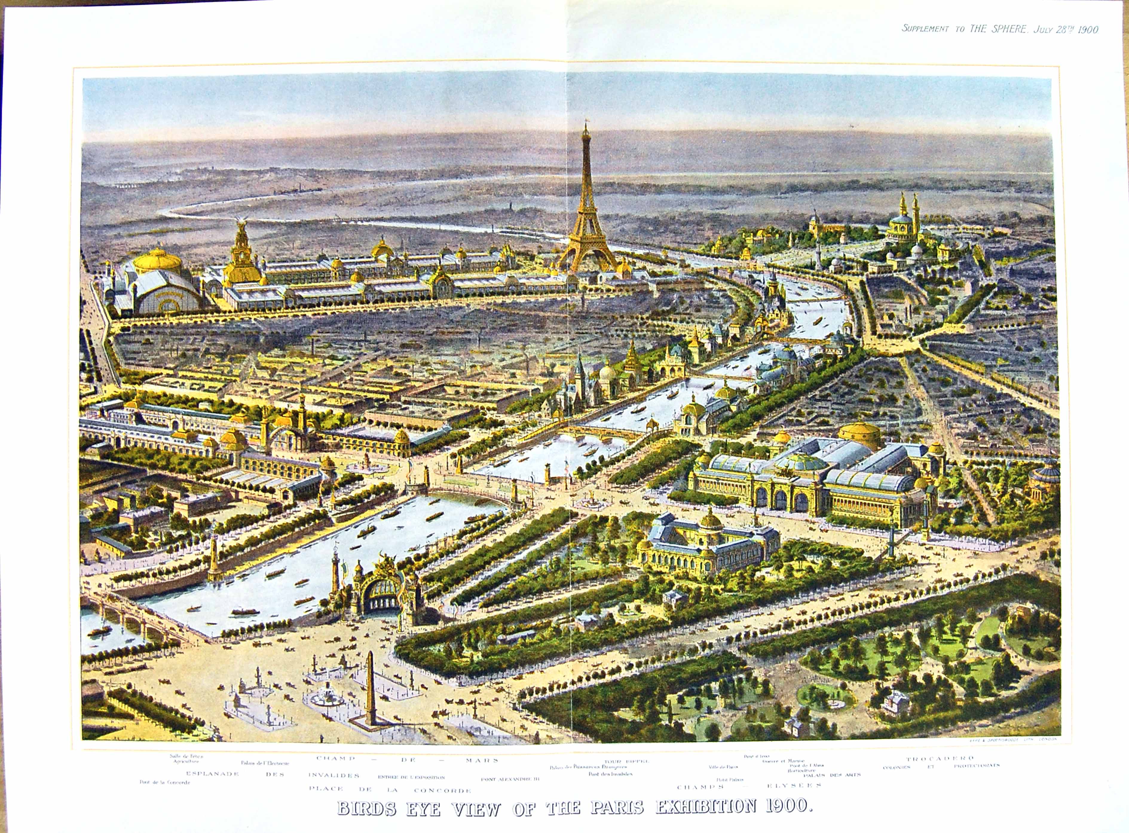 Original Old Antique Print 1900 Colour Paris Eiffel Champs Elysees Torcadero