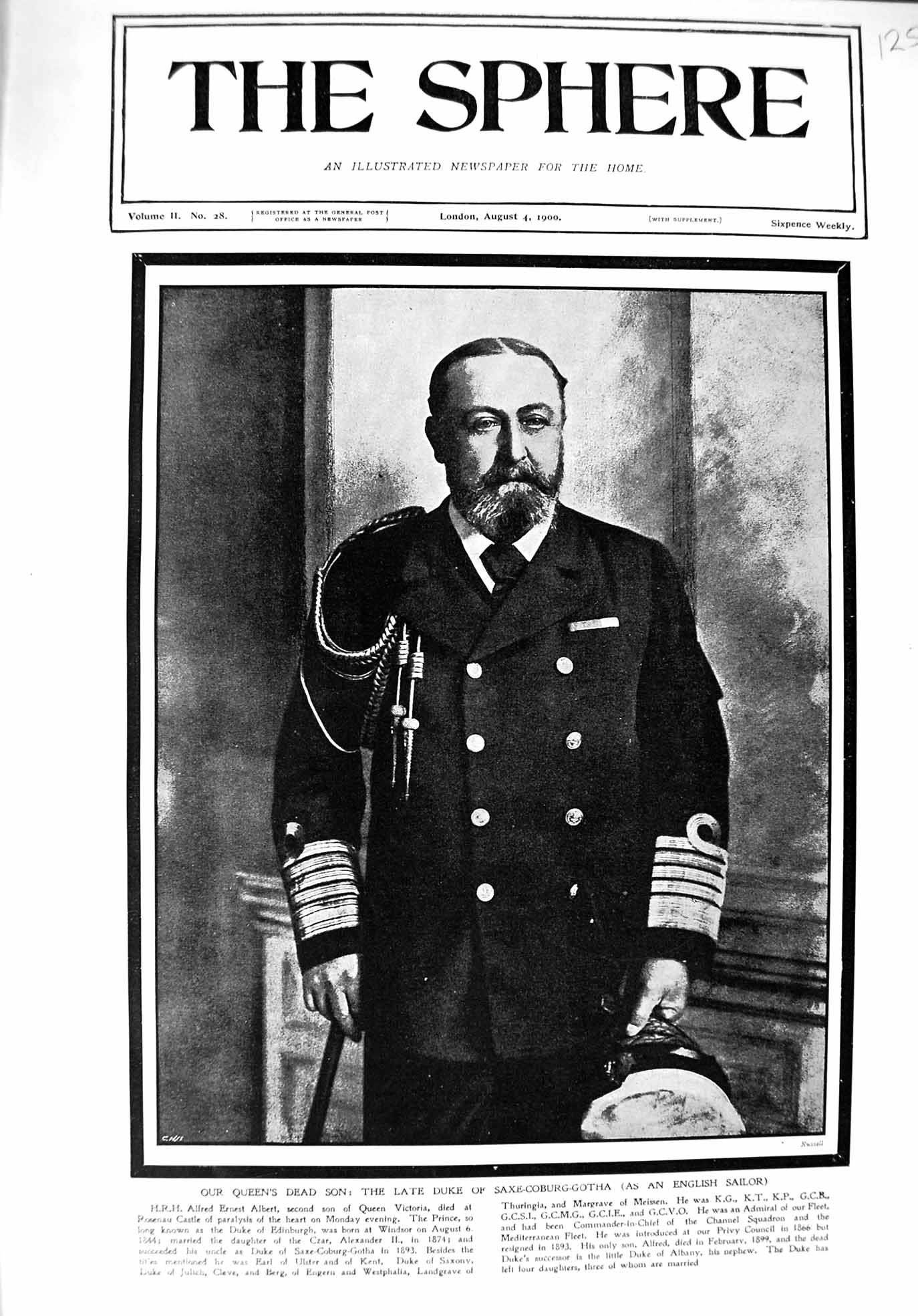 Old Antique Print 1900 Alfred Ernest Albert Duke Saxe-Coburg-Gotha Sailor 20th