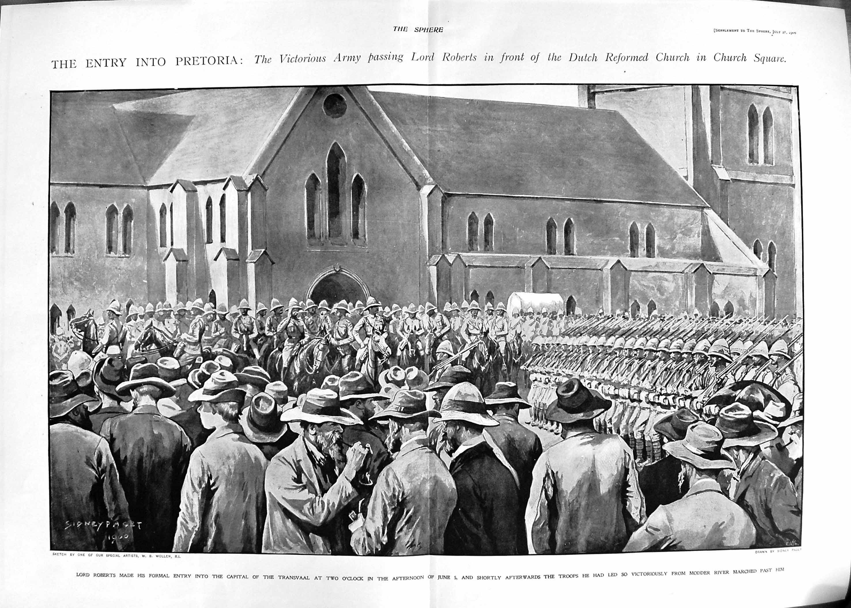 Original Old Antique Print 1900 Pretoria War Africa Lord Roberts Dutch Church