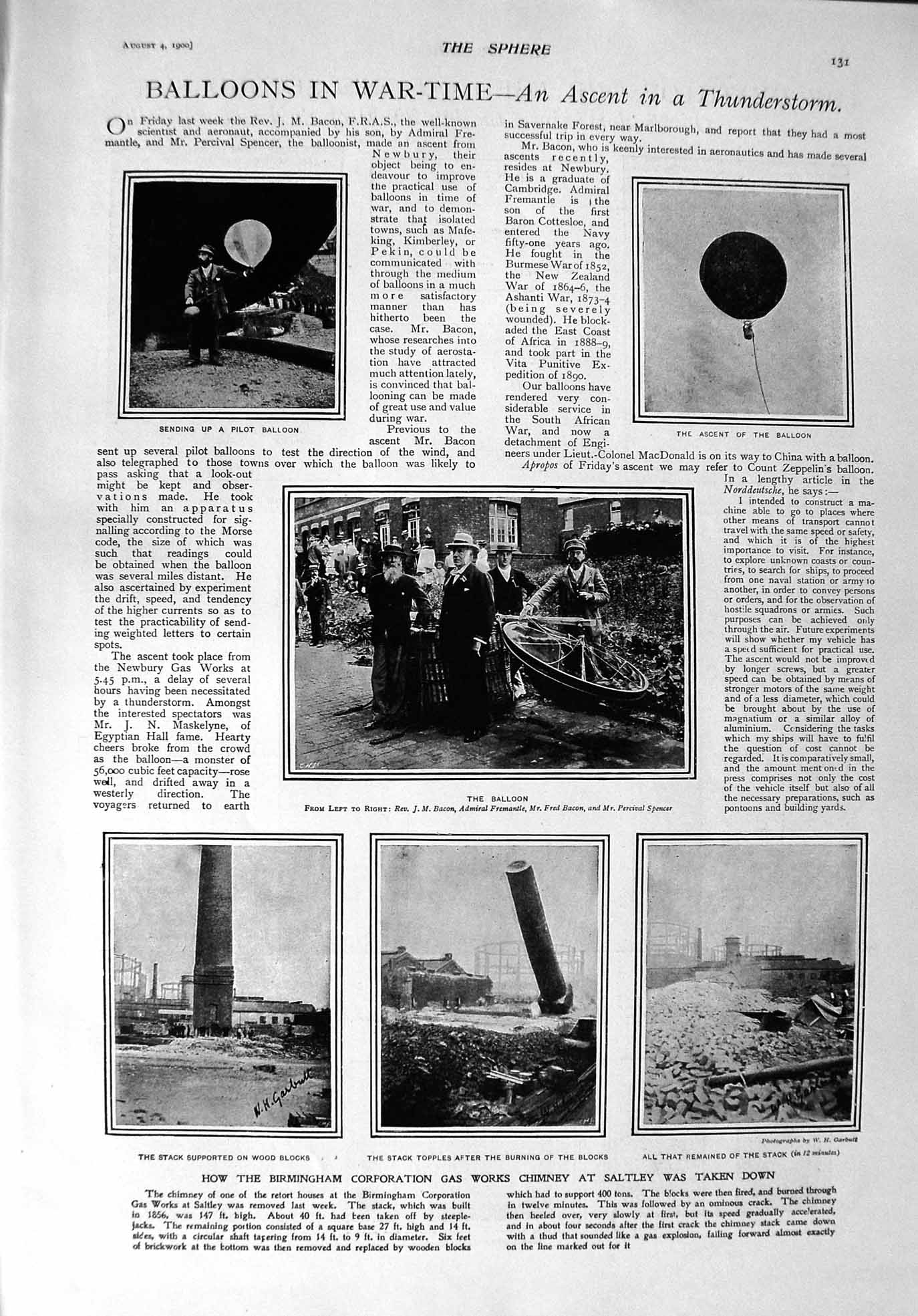 Old Antique Print 1900 Balloons Birmingham Gas Chimneys Saltley Duke Saxe 20th