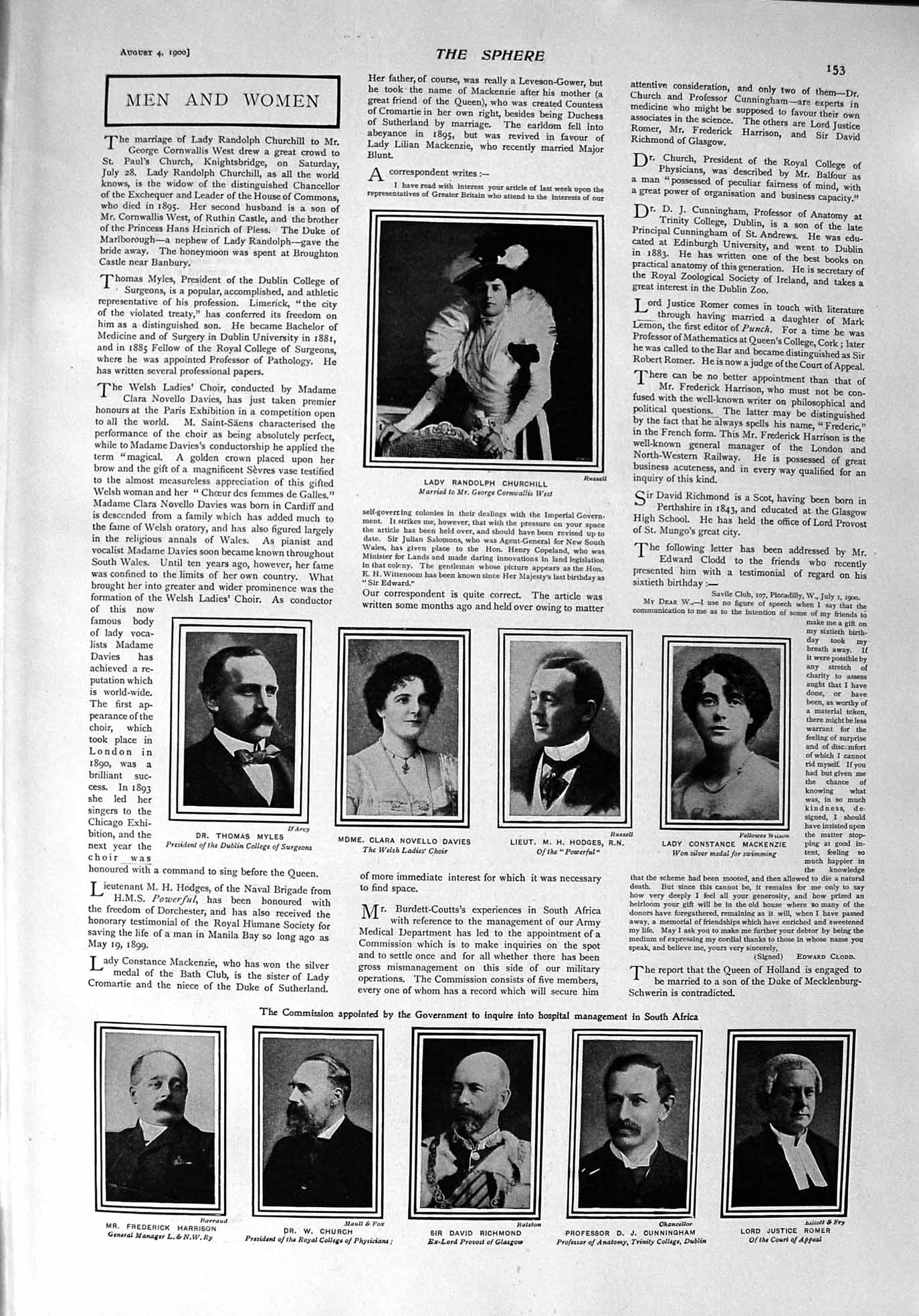 Old Antique Print 1900 Lady Churchill Davies Hodges Richmond Ethel Ship 20th