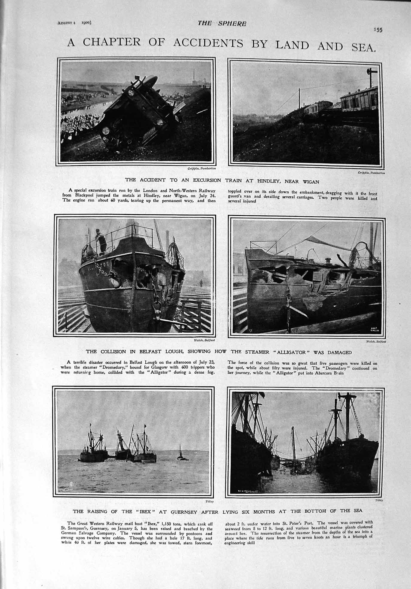 Original Old Antique Print 1900 Train Crash Hindley Ship Ibex Alligator Fashion