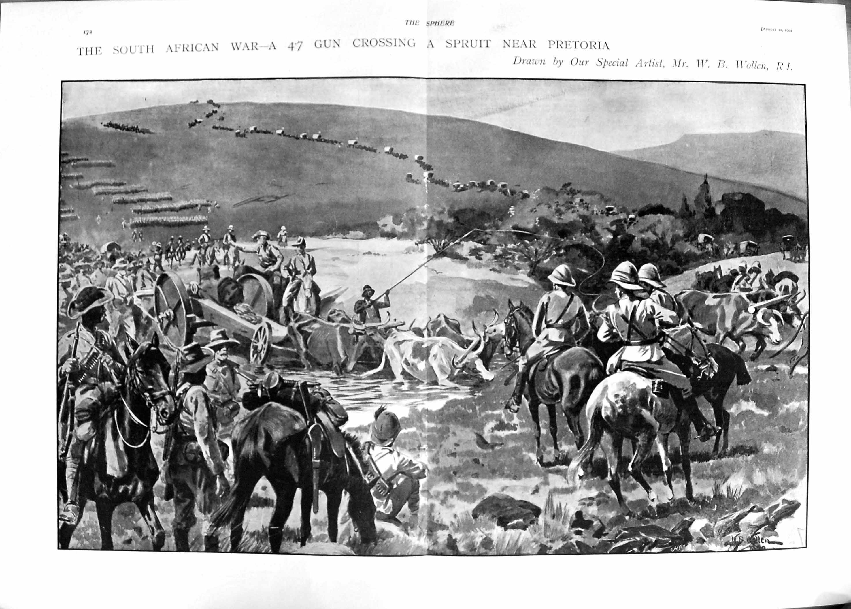 Original Old Antique Print 1900 War Africa Pretoria Siers Gun Crossing River