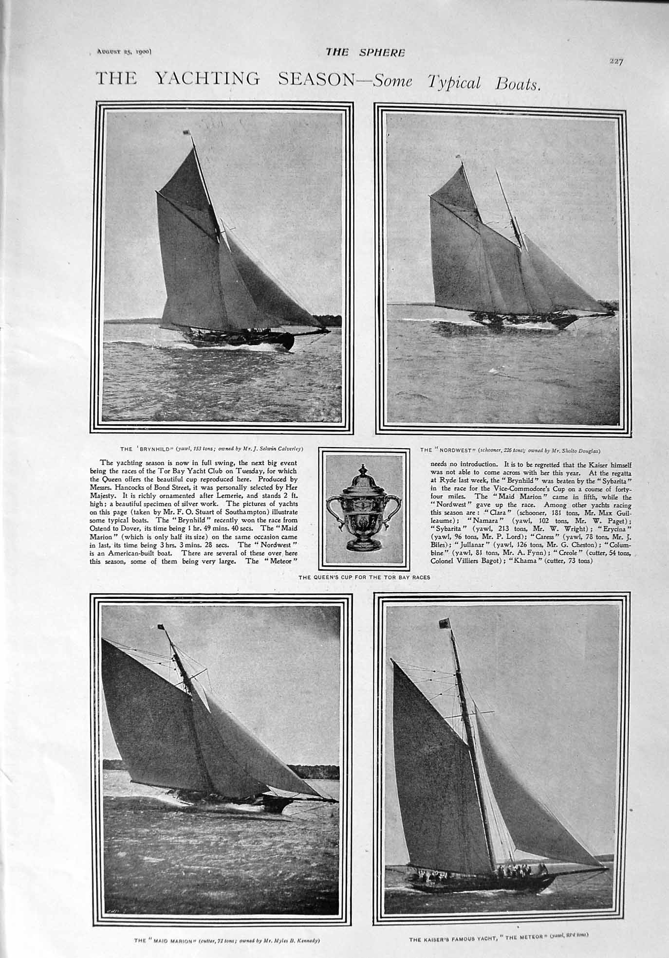 Original Old Antique Print 1900 Yachts Brynhild Nordwest Marion Meteor Jameson