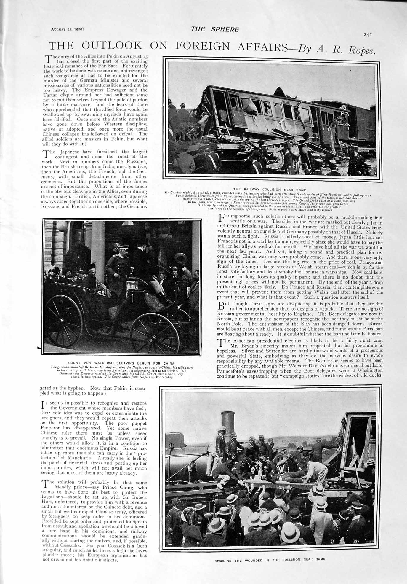 Original Old Antique Print 1900 Train Crash Railway Rome Count Von Waldersee