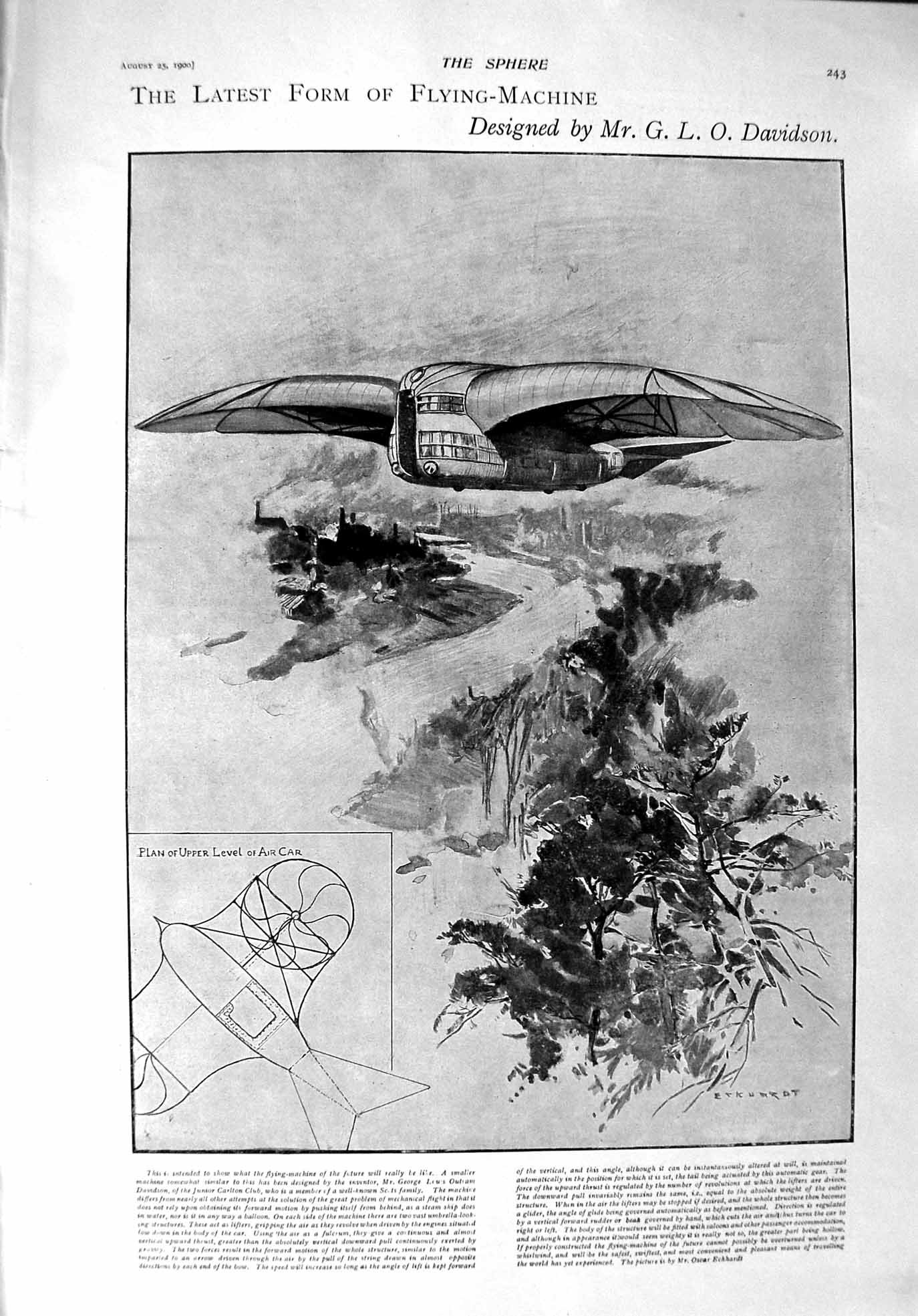Original Old Antique Print 1900 Flying-Machine Davidson Hotham Robinson Salmone