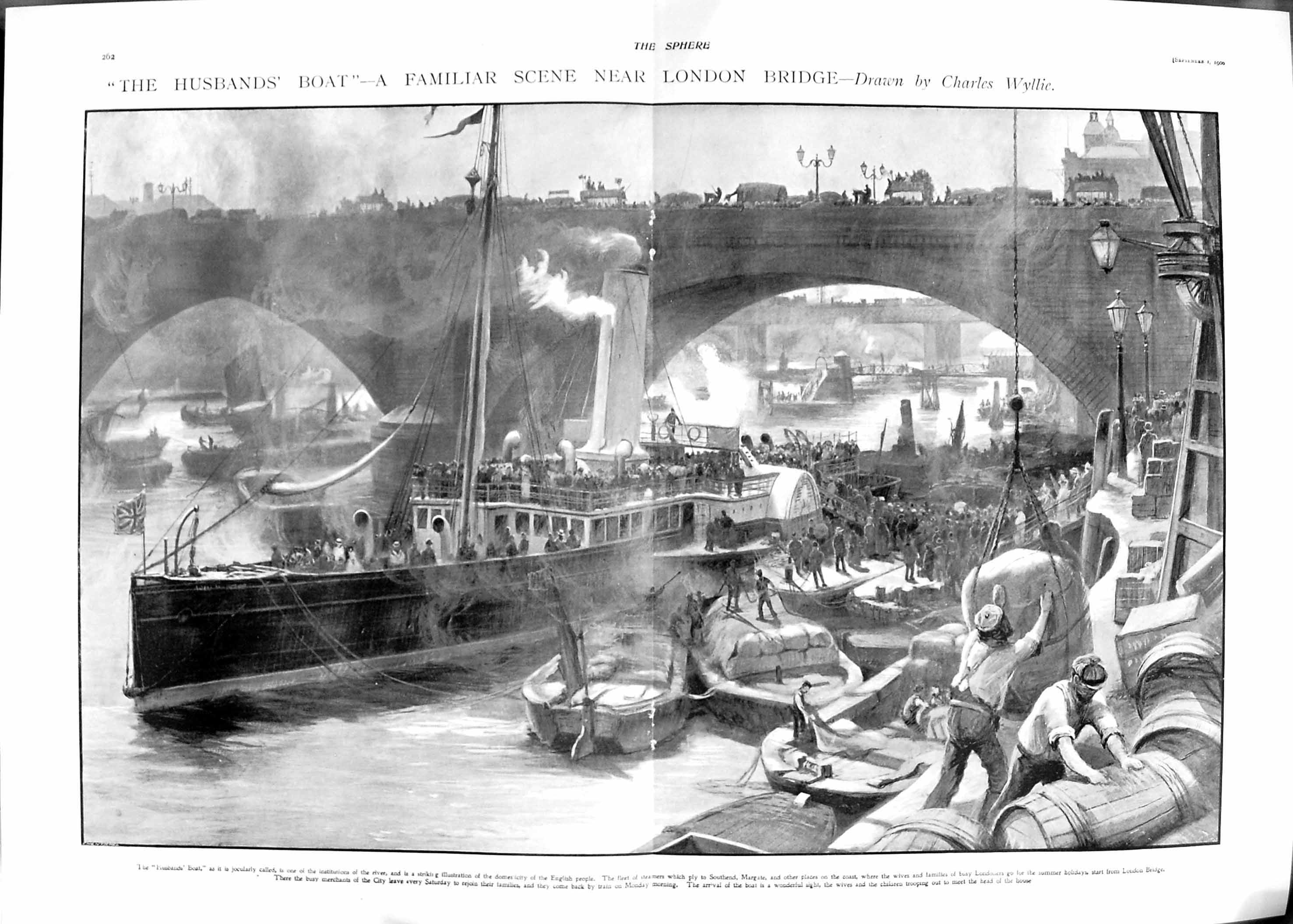 Original Old Antique Print 1900 Paris Exhibition London Bridge Husbands Boat