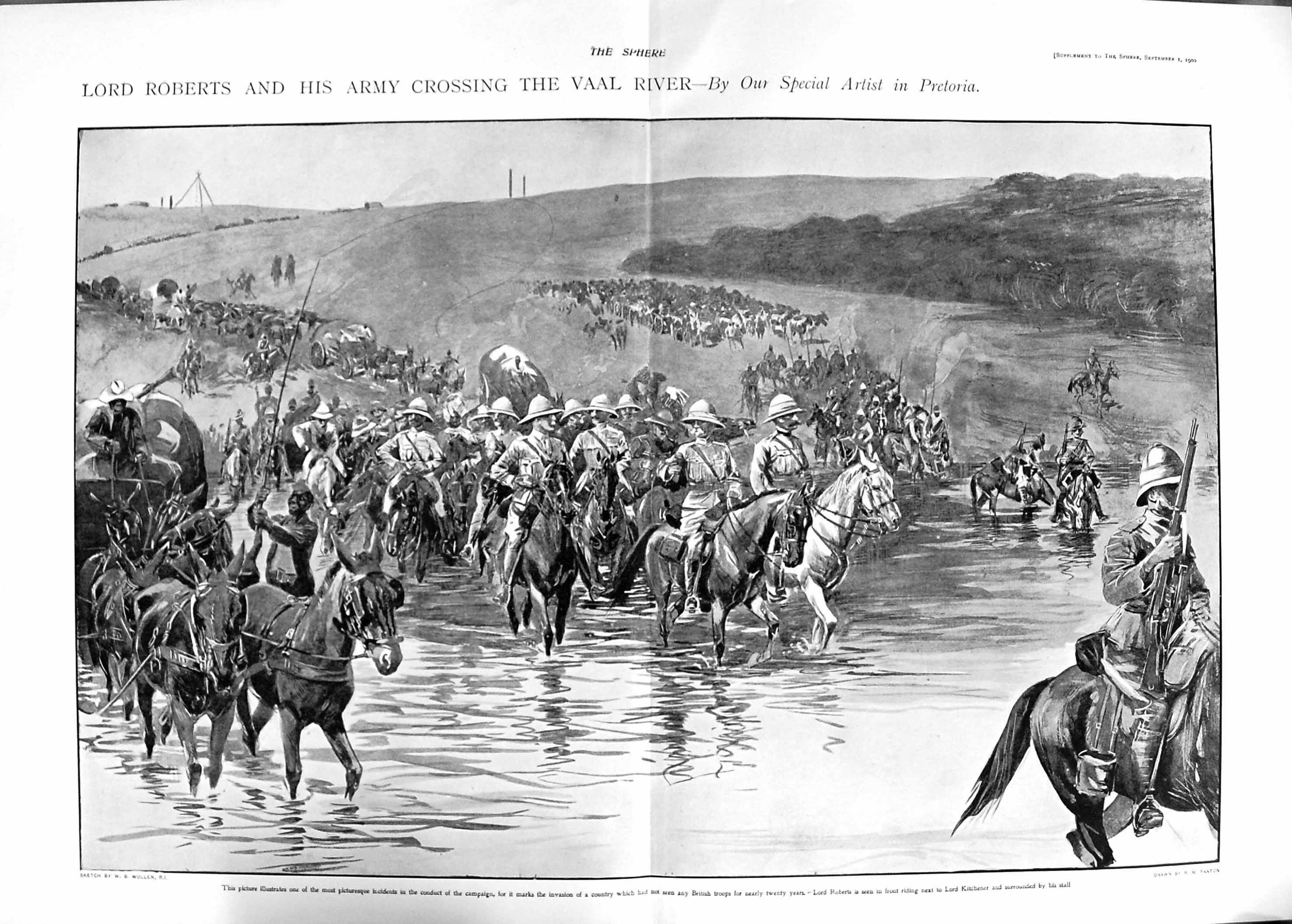 Original Old Antique Print 1900 Lord Roberts Vaal River Pretoria Siers Horses