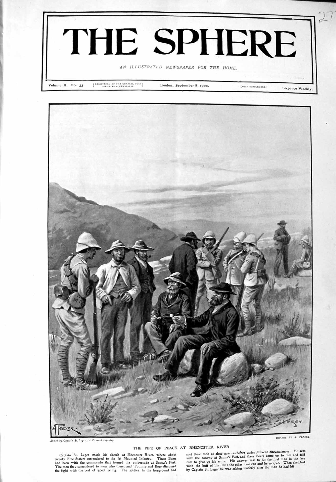 Original Old Antique Print 1900 Siers Pipe Peace Rhenoster River Boers Leger