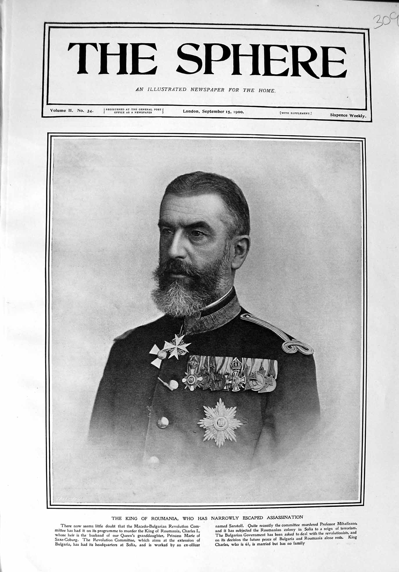 Original Old Antique Print 1900 Portrait King Roumania Charles Macedo-Bulgarian