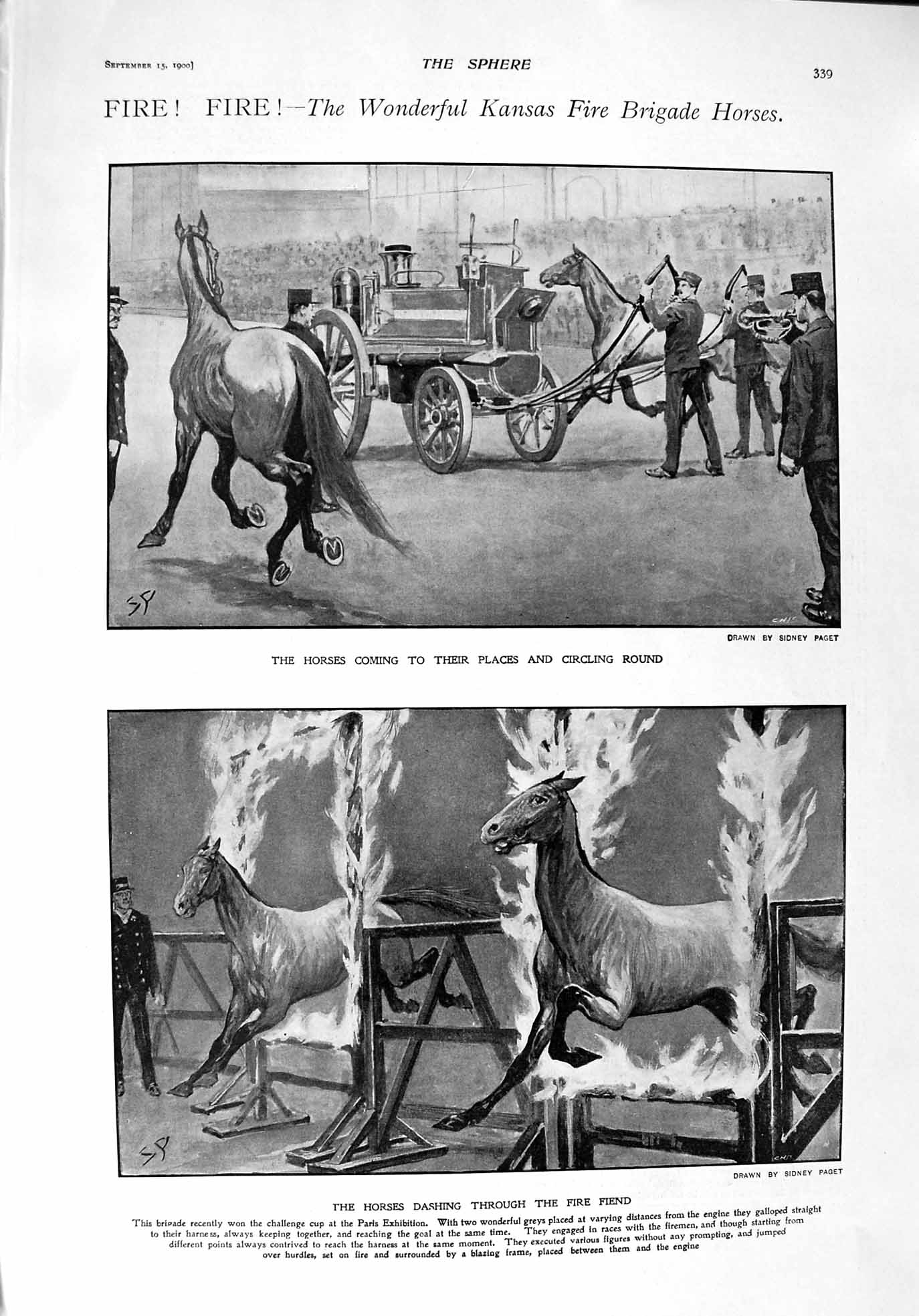 Old Antique Print 1900 Kansas Fire Brigade Horses Ladies Fashion Dresses 20th