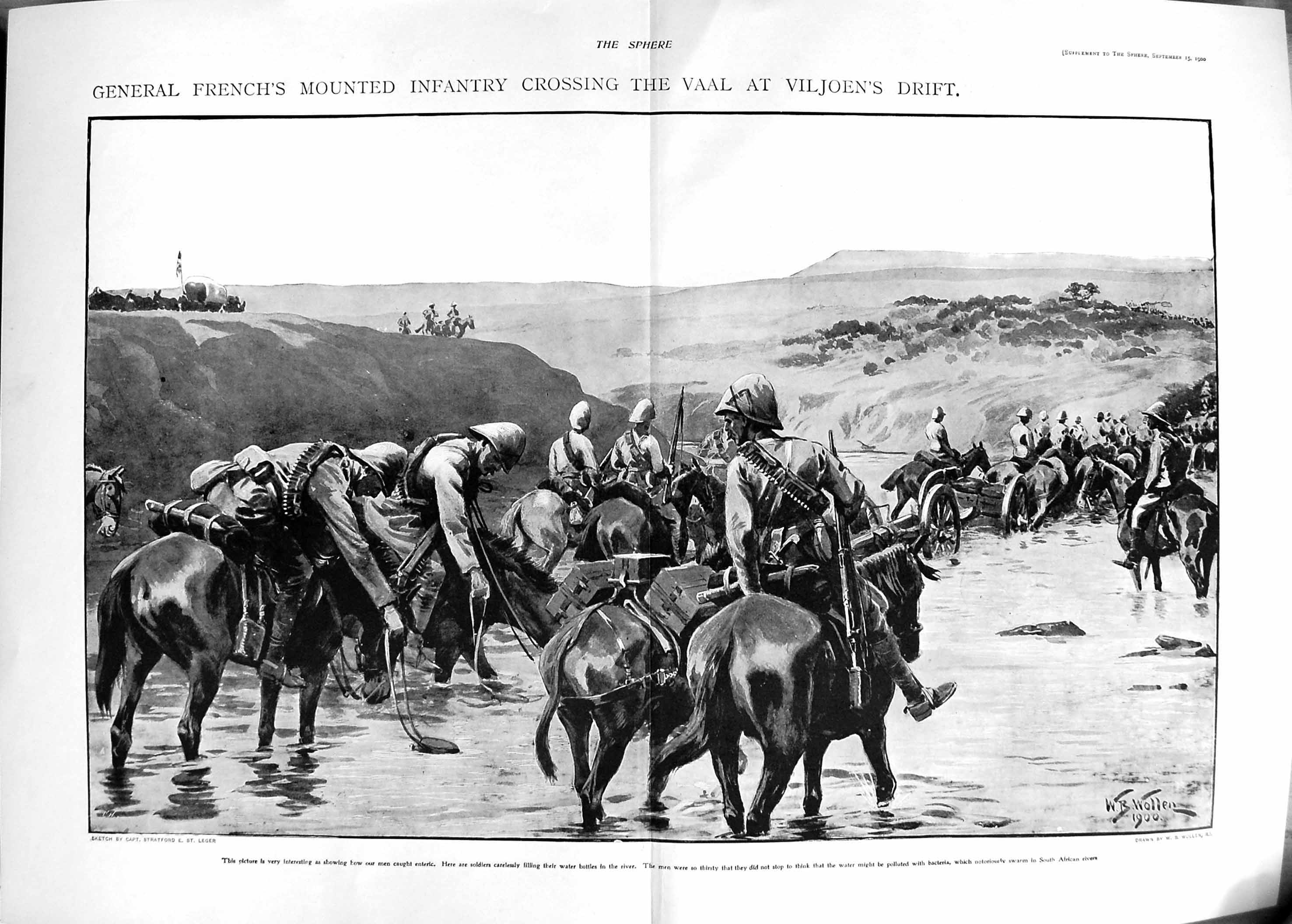Original Old Antique Print 1900 General French War Siers Vaal Viljoen Drift