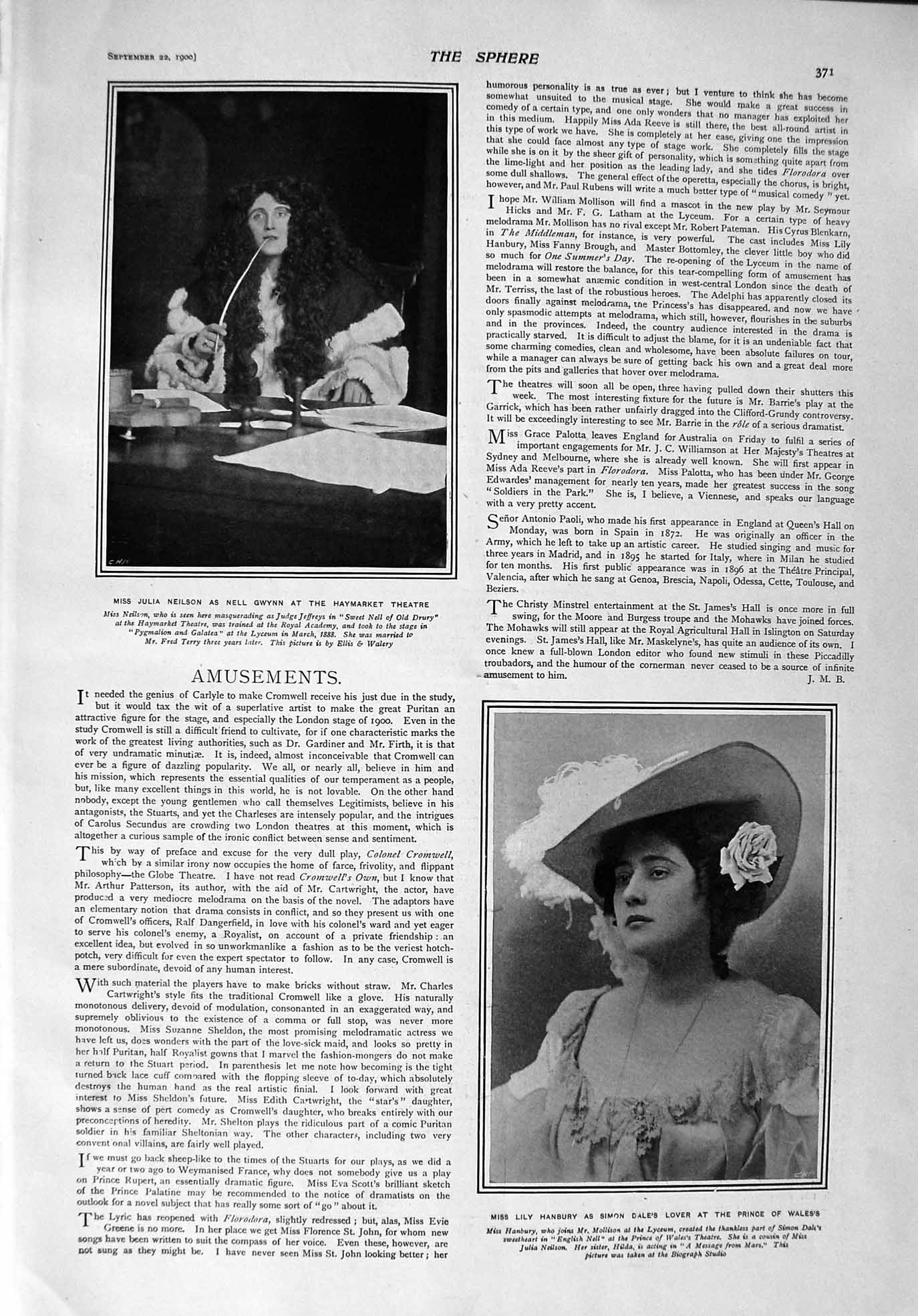 Old Antique Print 1900 Neilson Gwynn Theatre Hanbury Ladies Fashion Dress 20th