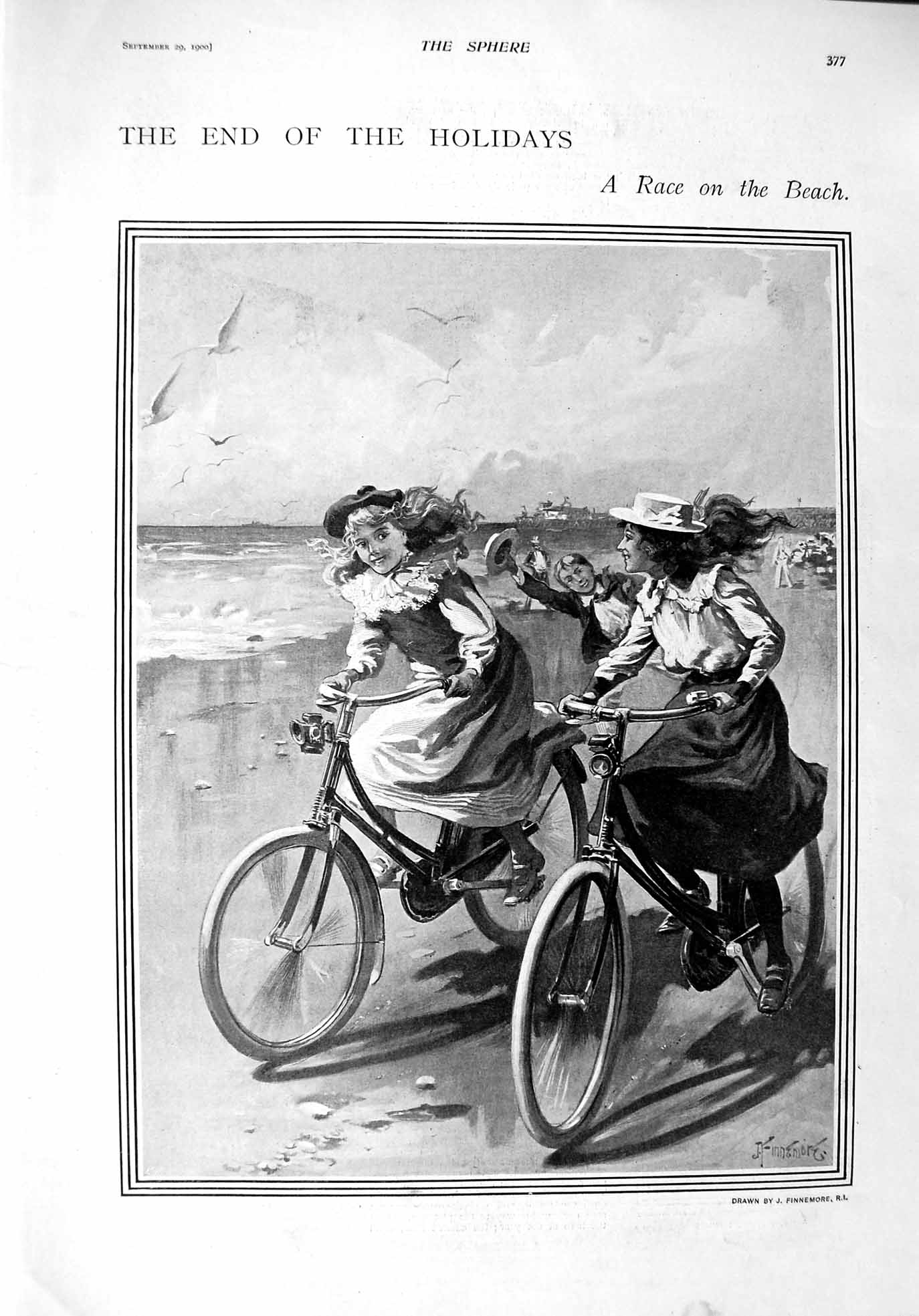 Original Old Antique Print 1900 Children Bicycle Racing Beach Quinine Markeberg