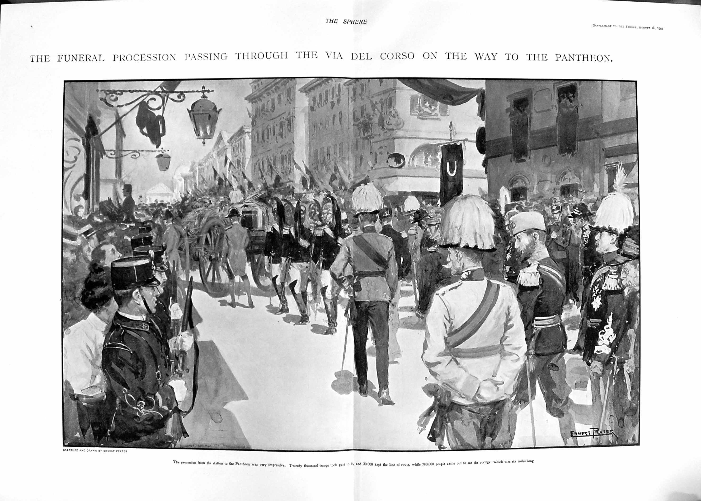 Old Antique Print 1900 Funeral King Humbert Via Del Corso Pantheon Italy 20th