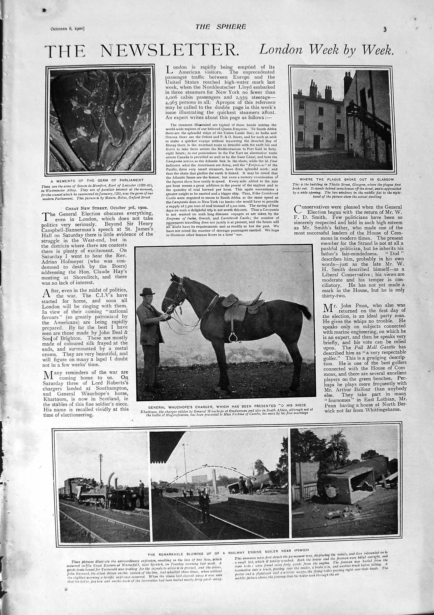 Old Antique Print 1900 Wauchope Horse Railway Plague Glasgow Cecil Sport 20th