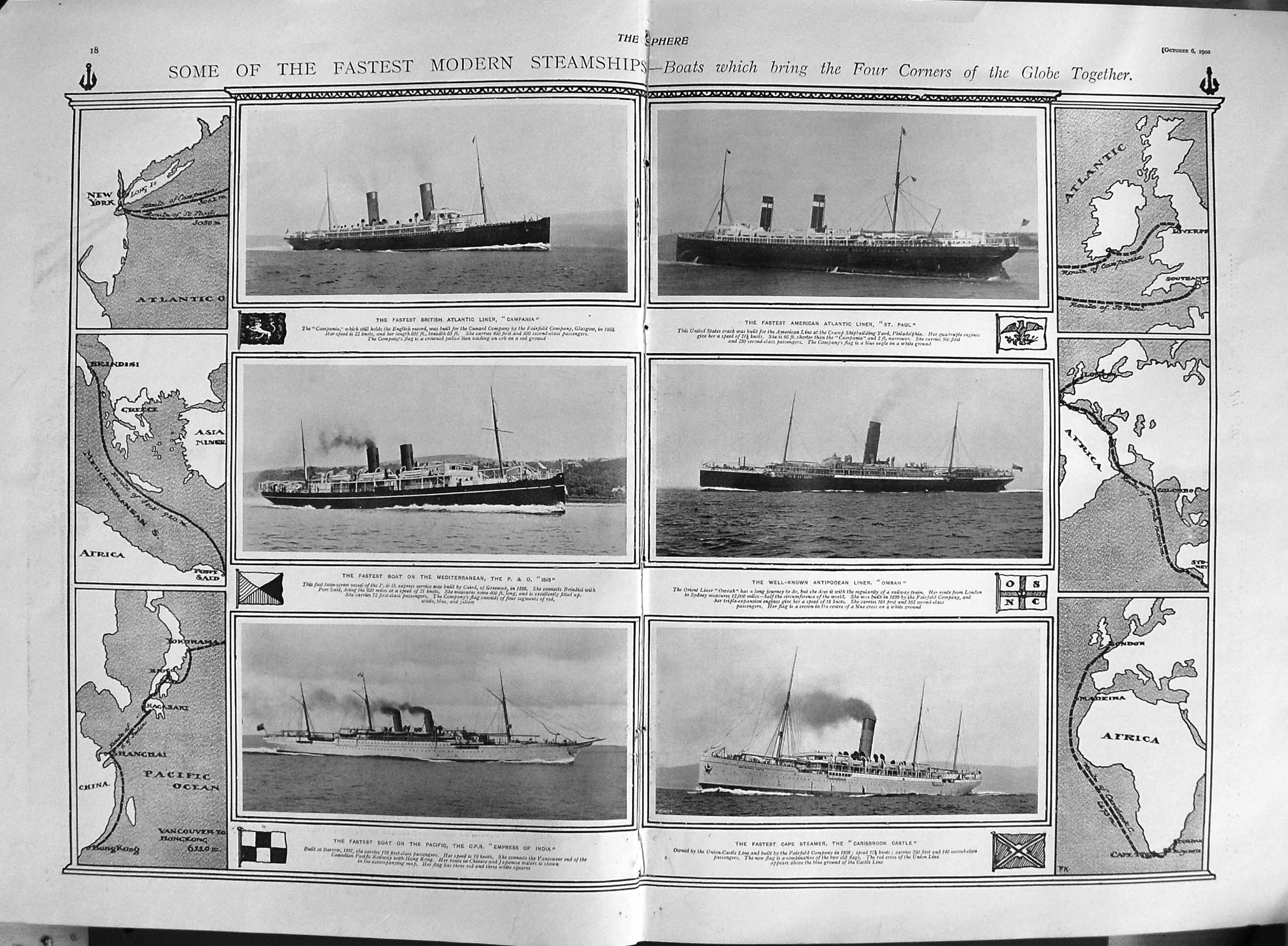 Old Antique Print 1900 Steam Ship Carisbrook Castle Omrah Isis Campania 0 20th