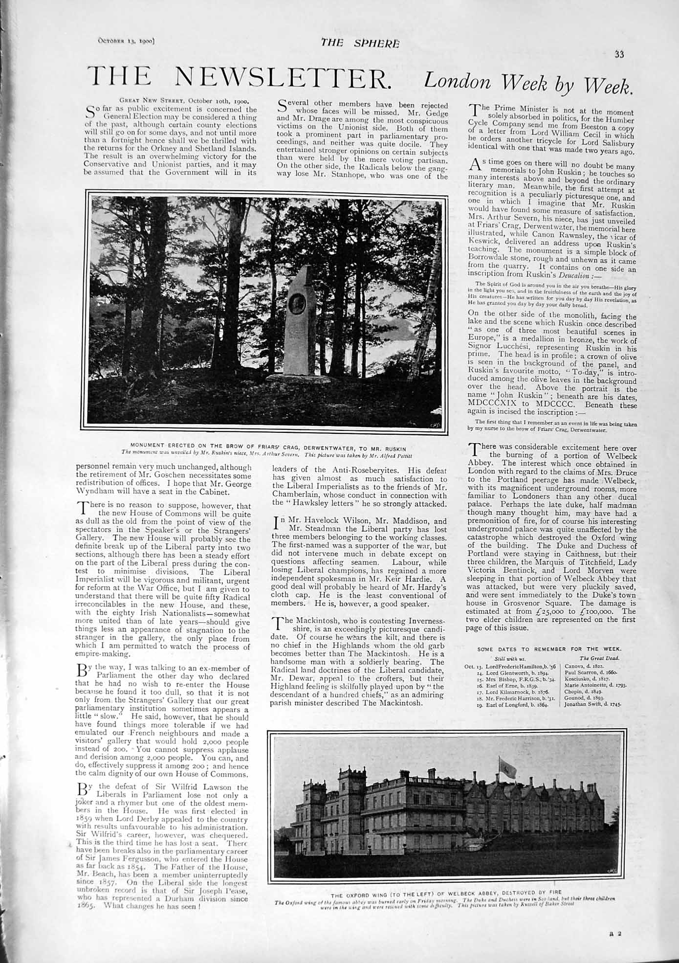 Old Antique Print 1900 Ruskin Derwentwater Welbeck Abbey Graphic Strand 20th