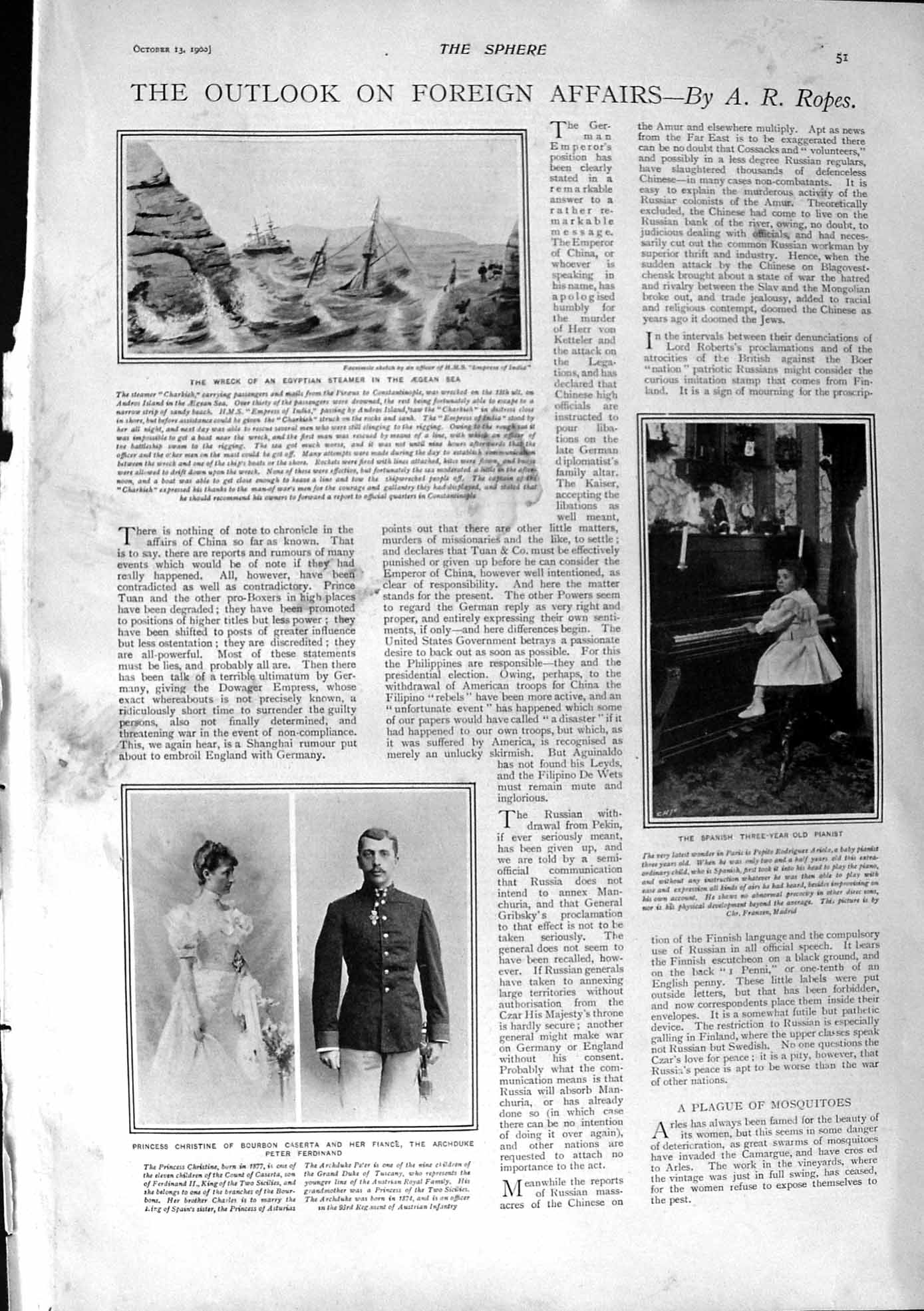 Old Antique Print 1900 Princess Christine Ferdinand Ship Wreck Charkieh 20th
