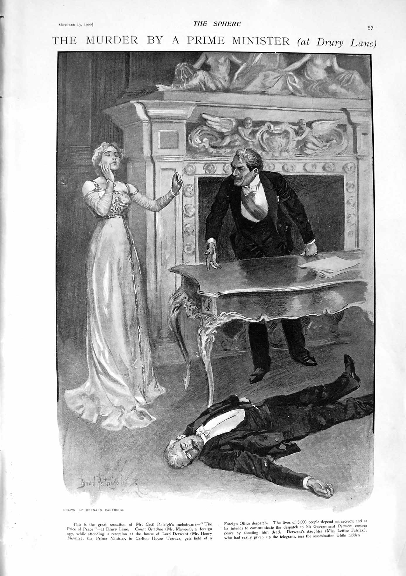 Old Antique Print 1900 Theatre Raleigh Mayeur Neville Sabretasche Statue 20th
