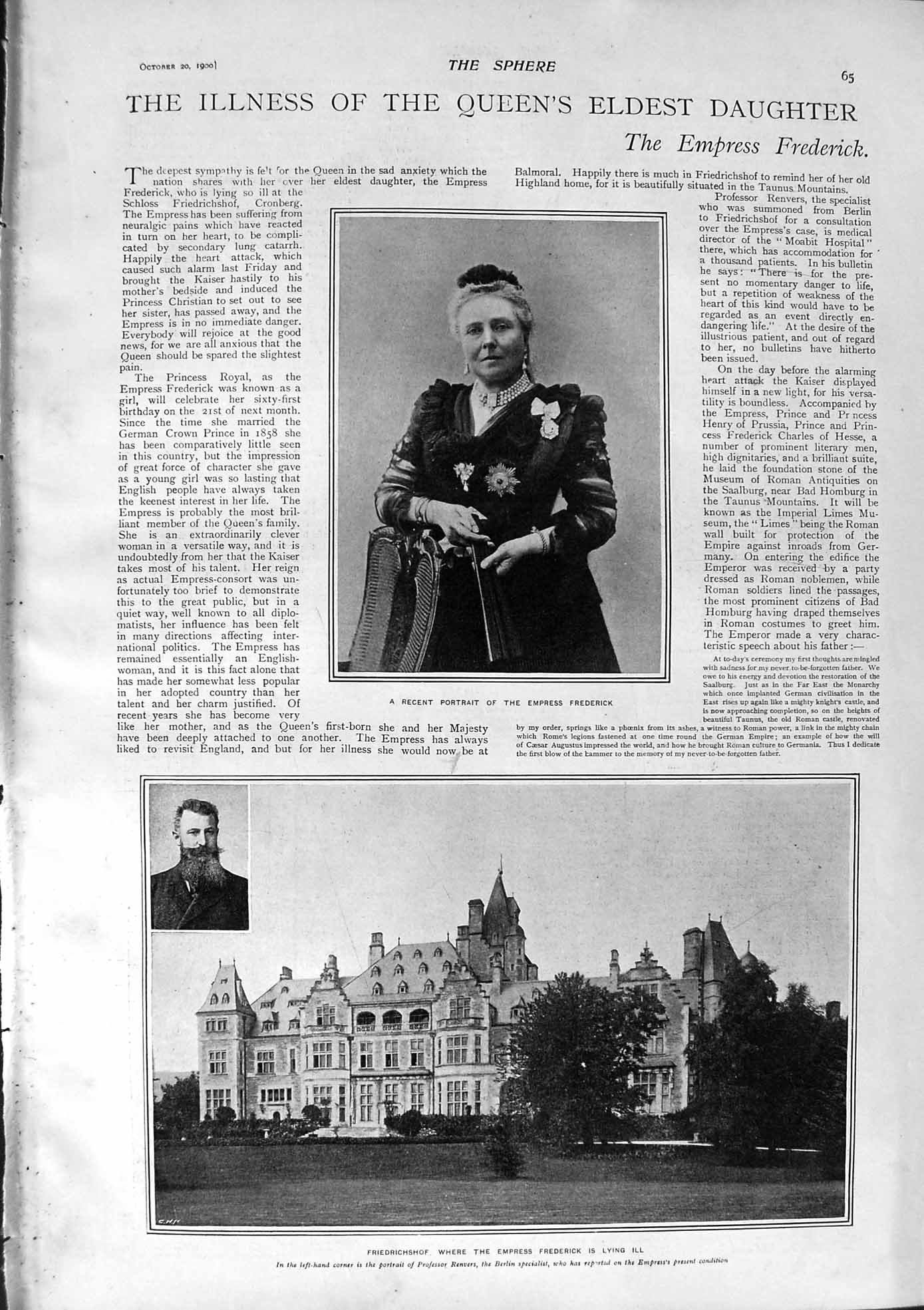Original Old Antique Print 1900 Empress Frederick Friedrichshtheatre Matthison