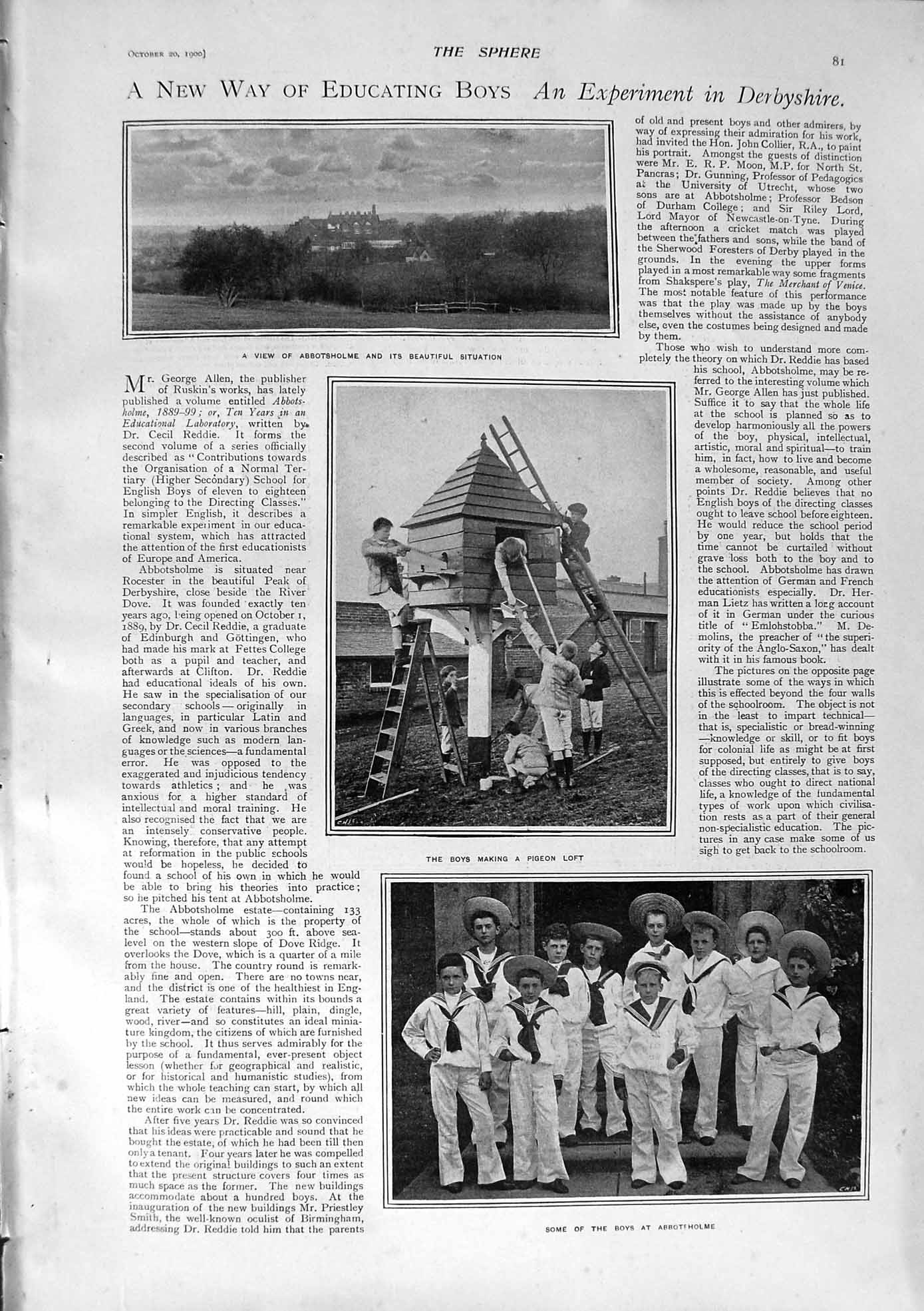 Original Old Antique Print 1900 Abbotsholme Boys Pigeon Loft John Ruskin House