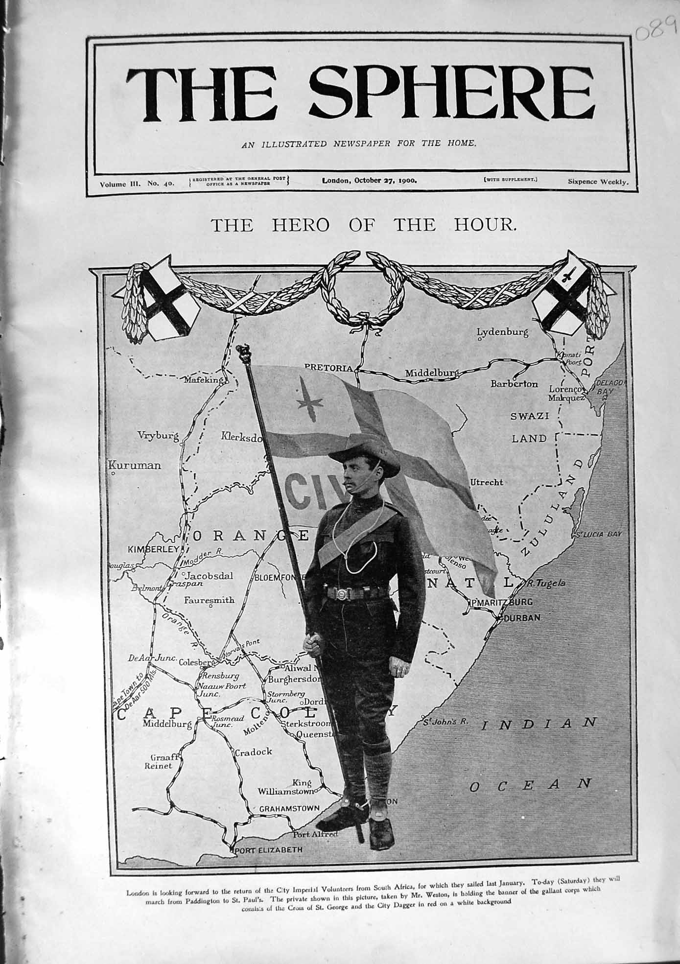 Original Old Antique Print 1900 Private War Sier Banner Corps George Cross 20th