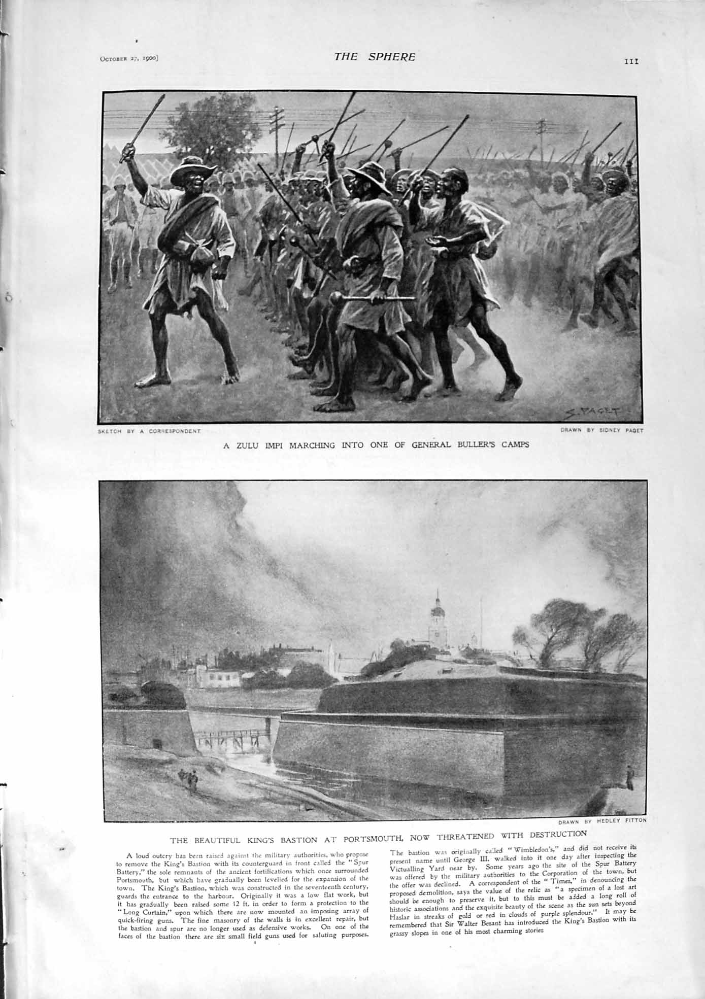 Original Old Antique Print 1900 Zulu Impi General Bullers Camp War Portsmouth