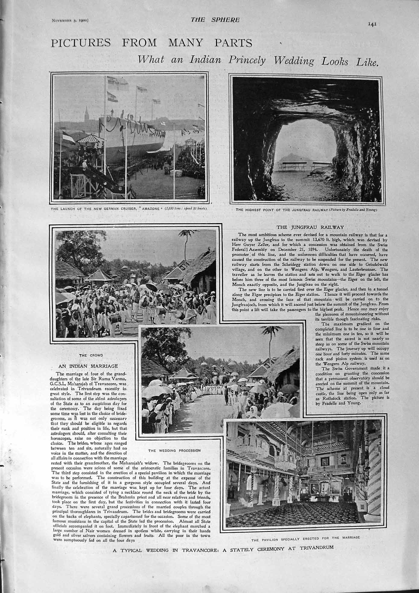 Old Antique Print 1900 Ship Amazone Jungfrau Railway Trivandrum Macaulay 20th