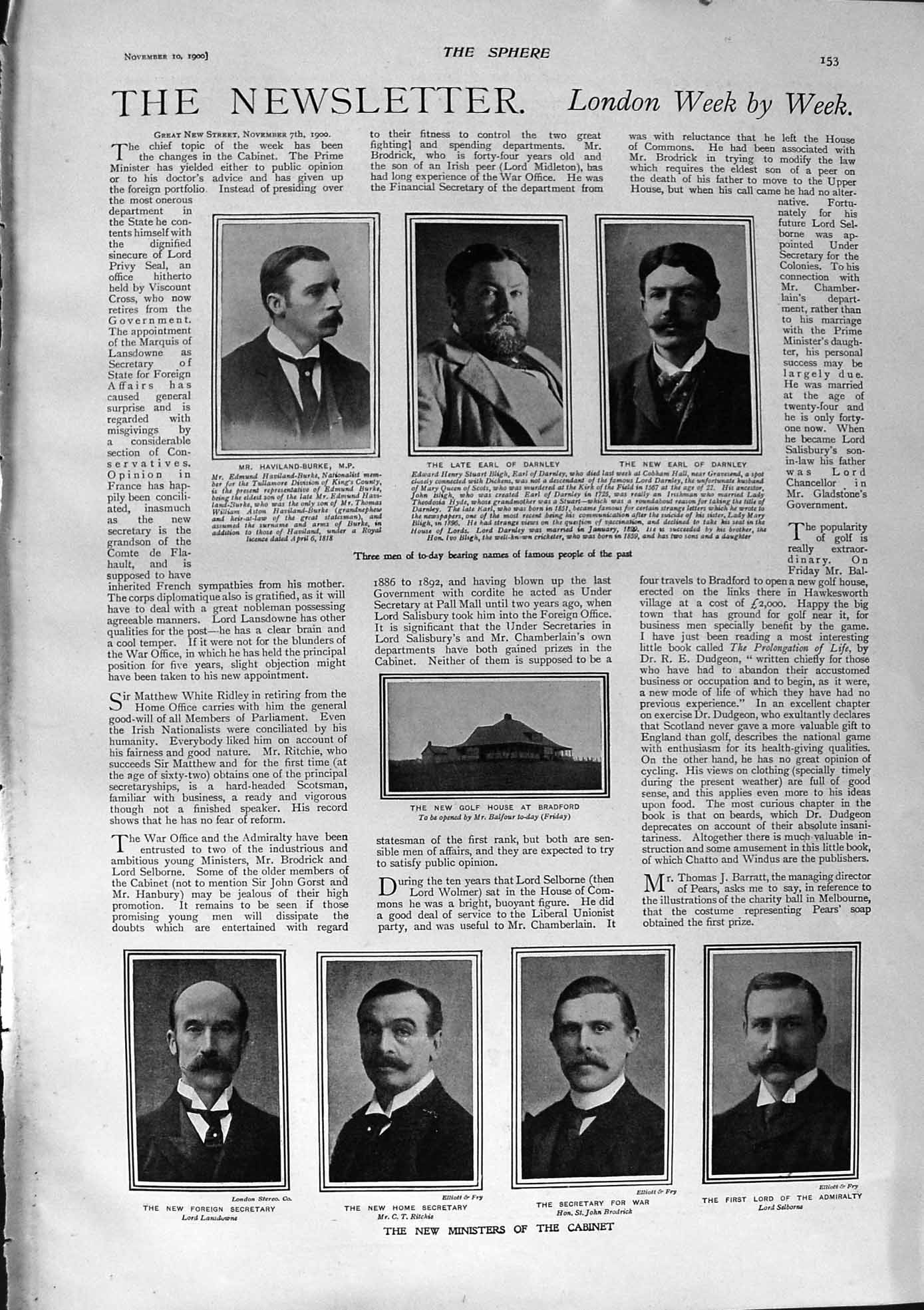 Original Old Antique Print 1900 Haviland-Burke Darnley Cabinet Selborne Huggins
