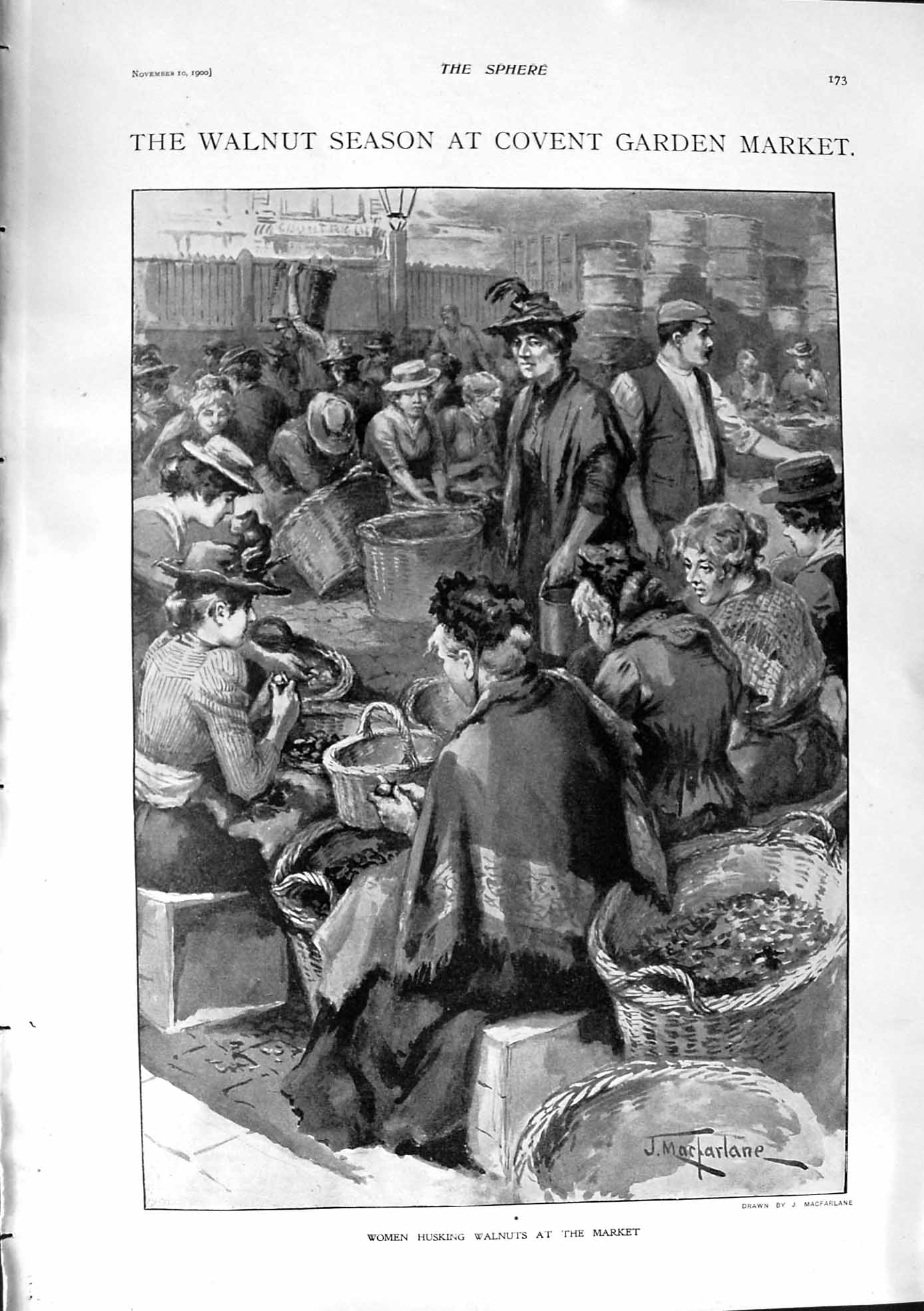 Original Old Antique Print 1900 Women Husking Walnuts Covent Garden Siers Game