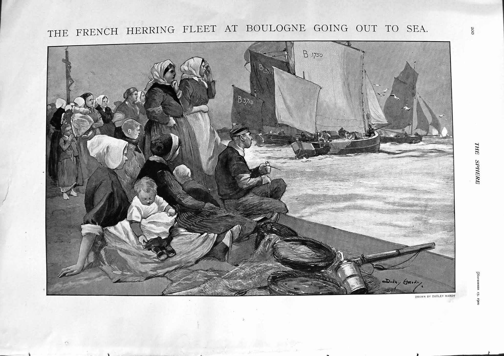 Original Old Antique Print 1900 France Herring Fishing Boulogne Romance Madrid