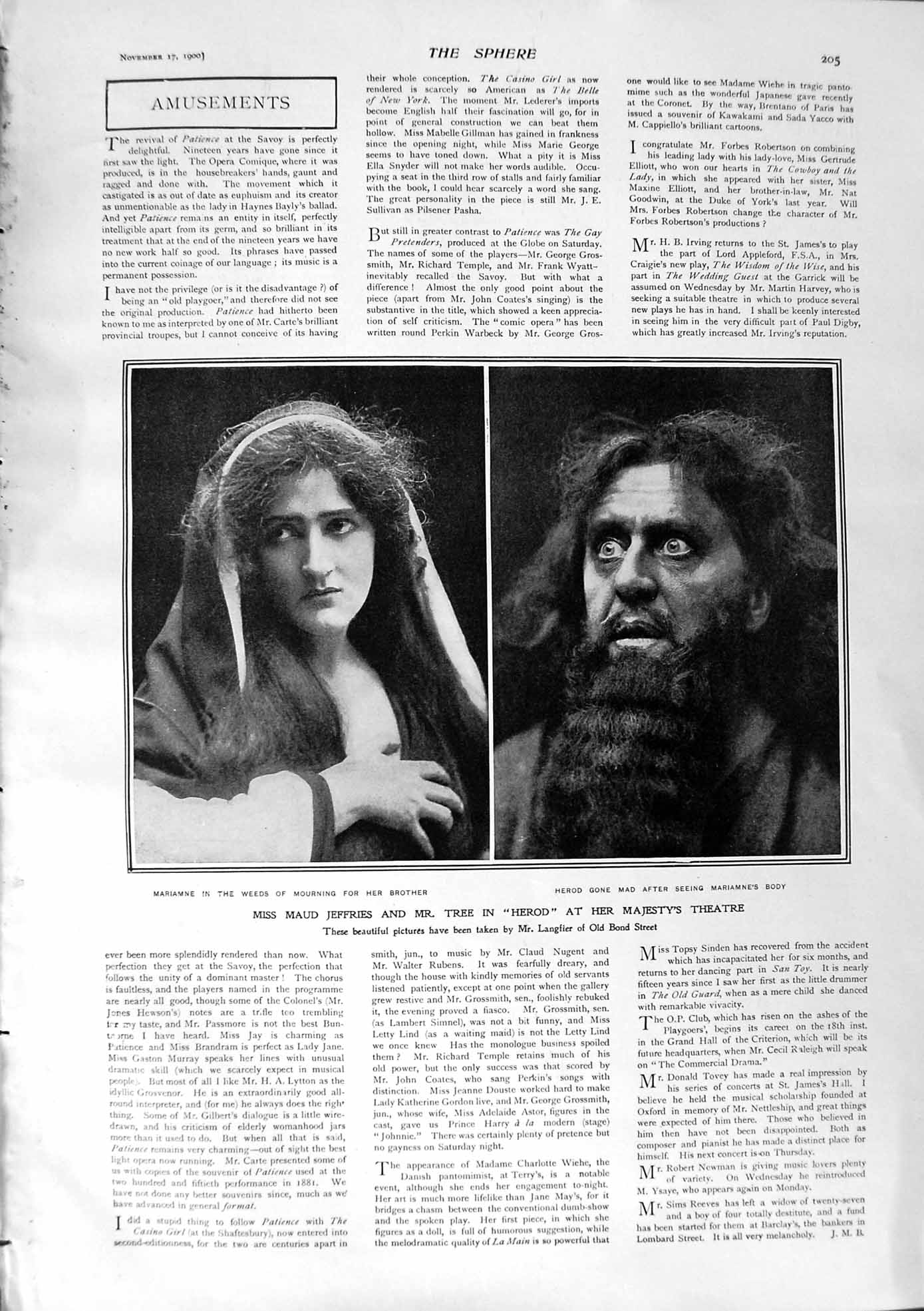 Original Old Antique Print 1900 Maud Jeffries Tree Herod Theatre Ladies Fashion