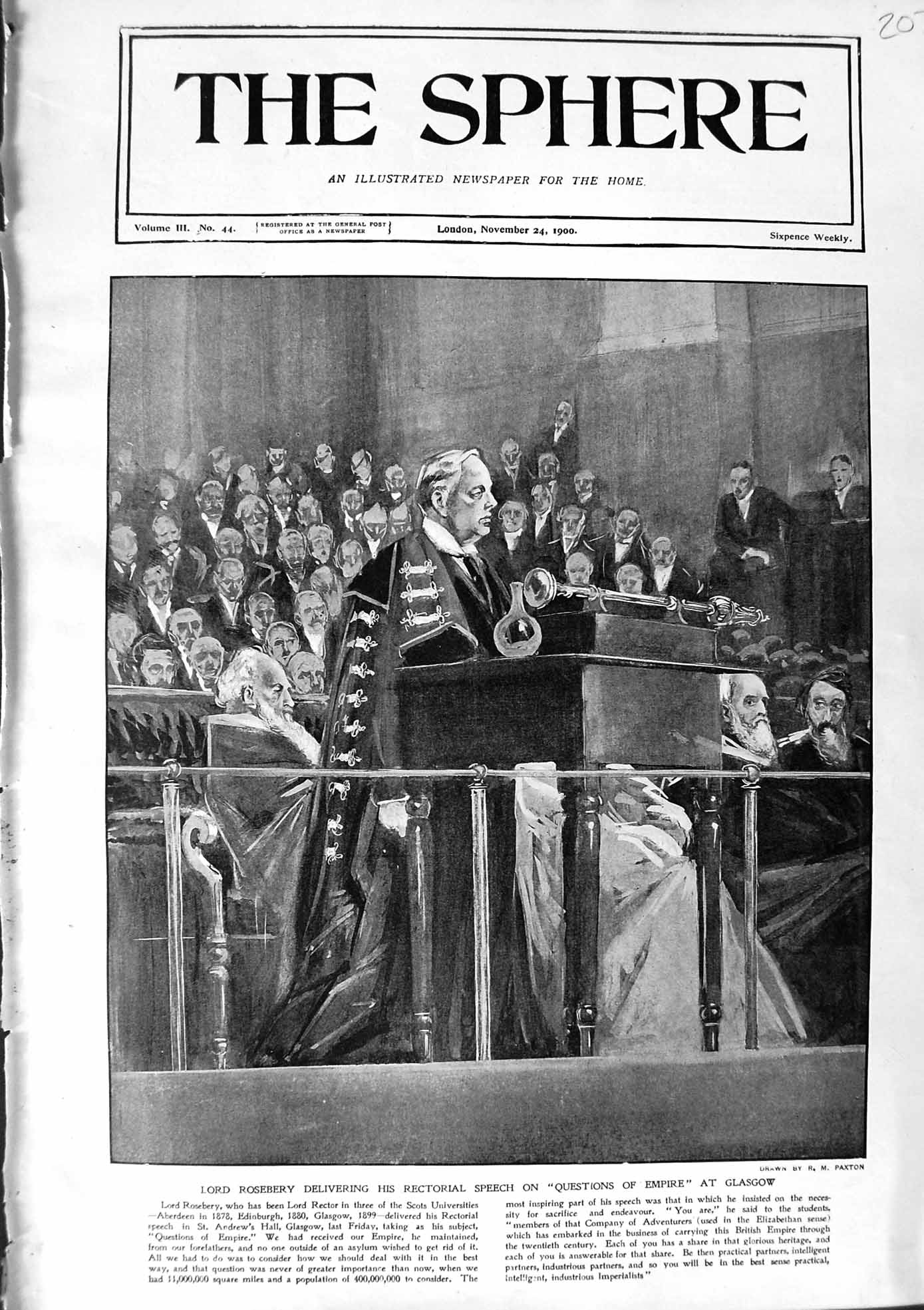 Old Antique Print 1900 Lord Roseberry Rectorial Speech Glasgow University 20th