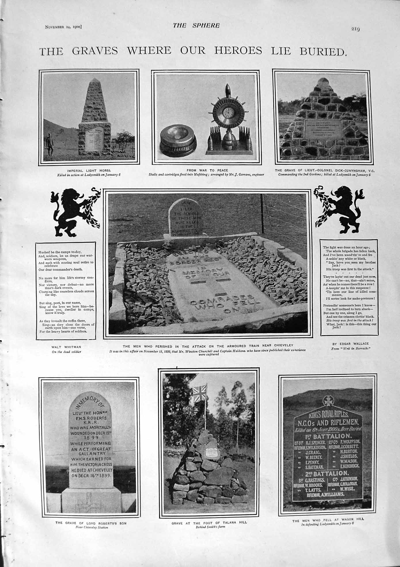 Original Old Antique Print 1900 War Graves Talana Roberts Whitman Boer Helena