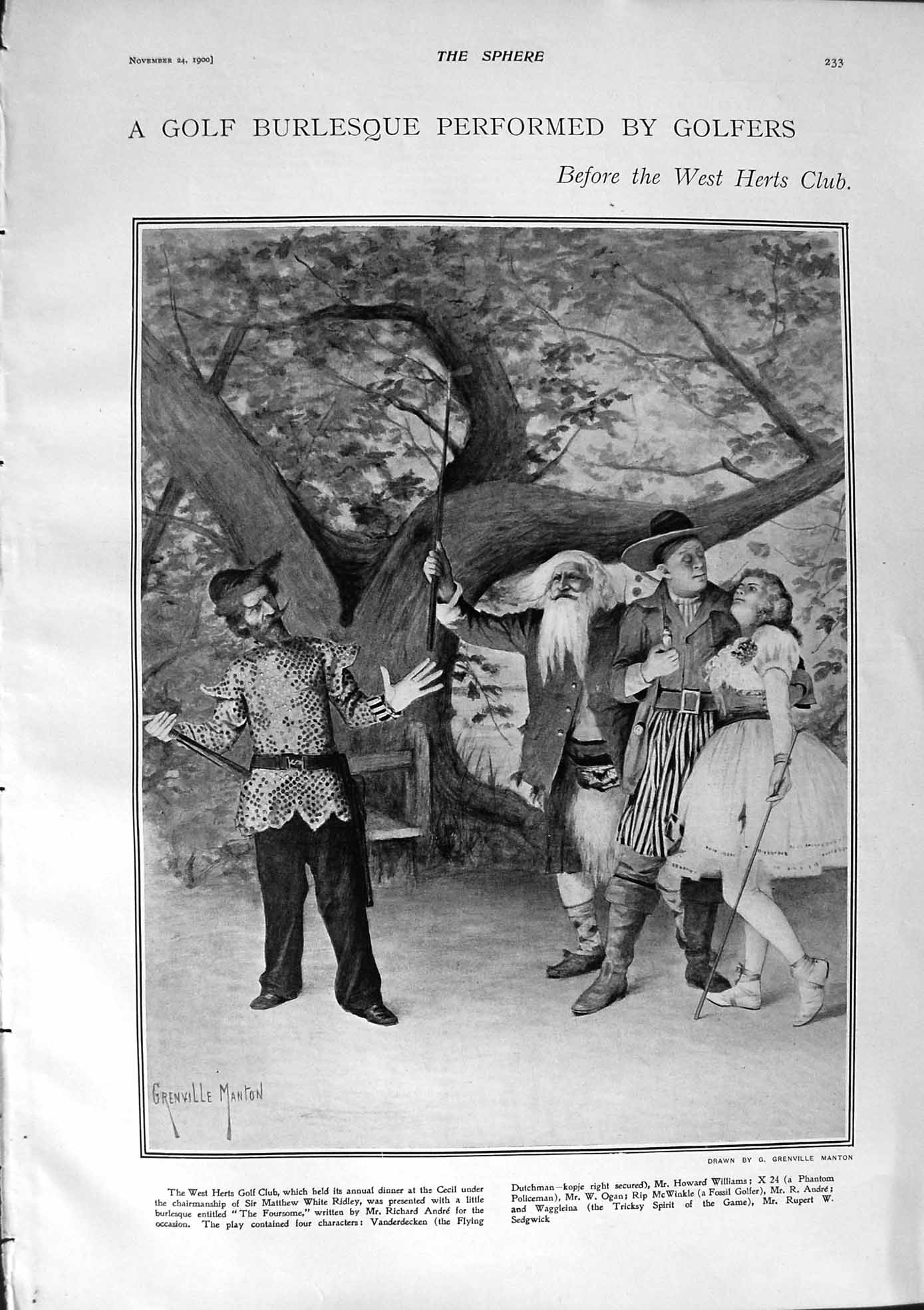 Old Antique Print 1900 Herts Golf Club Burlesque John'S Church Hampstead 20th