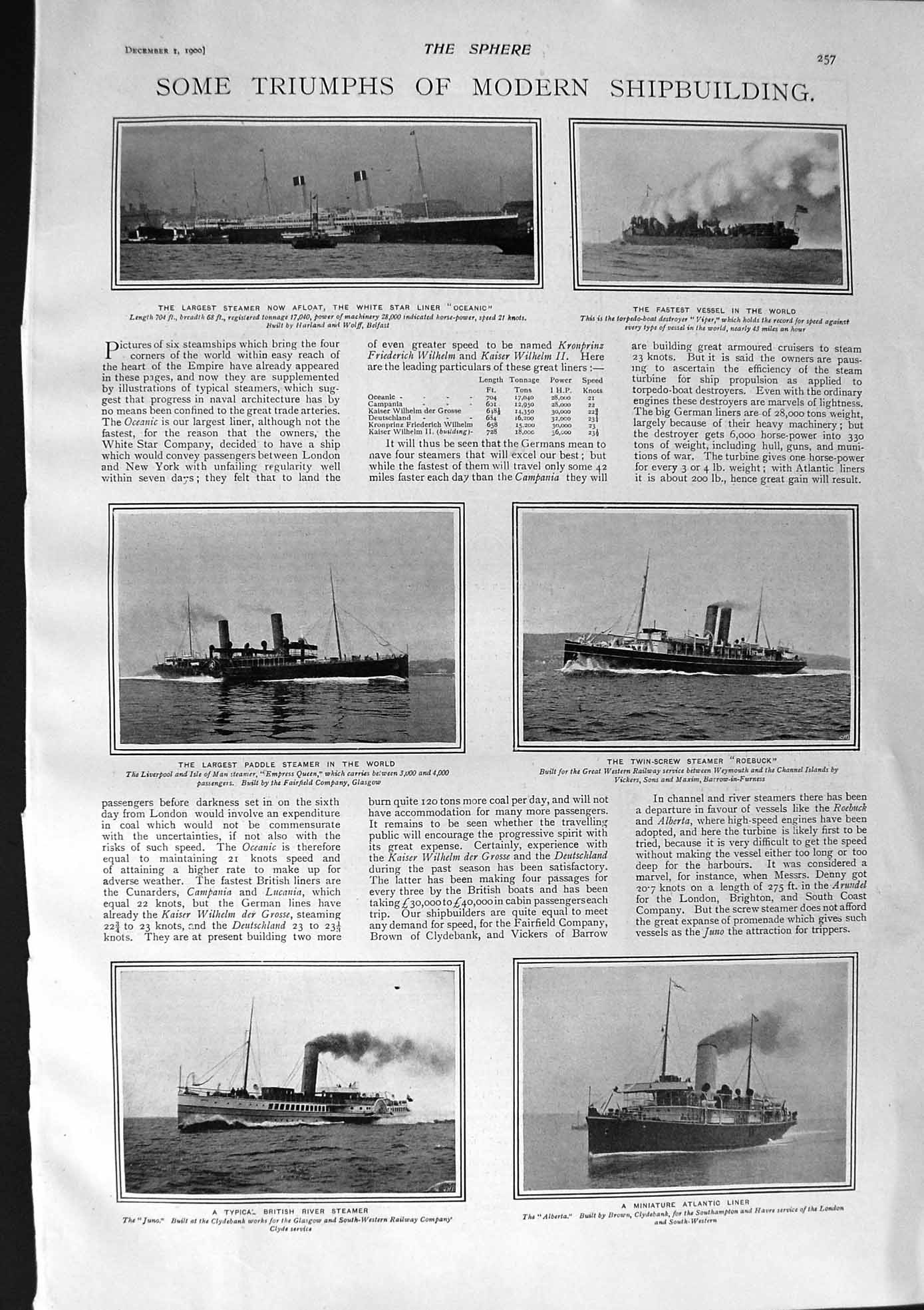 Old Antique Print 1900 Ships Oceanic Viper Empress Queen Roebuck Barrie 20th