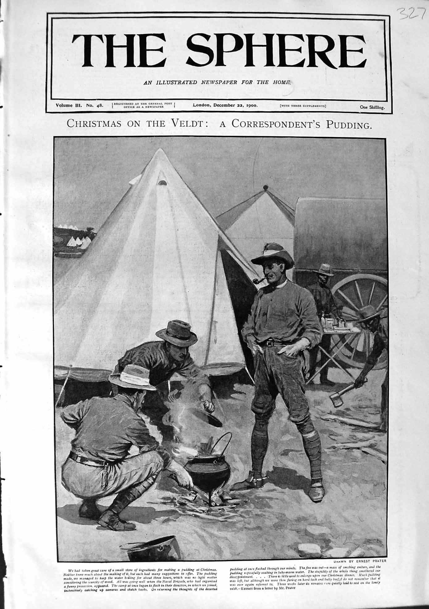 Original Old Antique Print 1900 Christmas Pudding Veldt War Siers Camp Fire