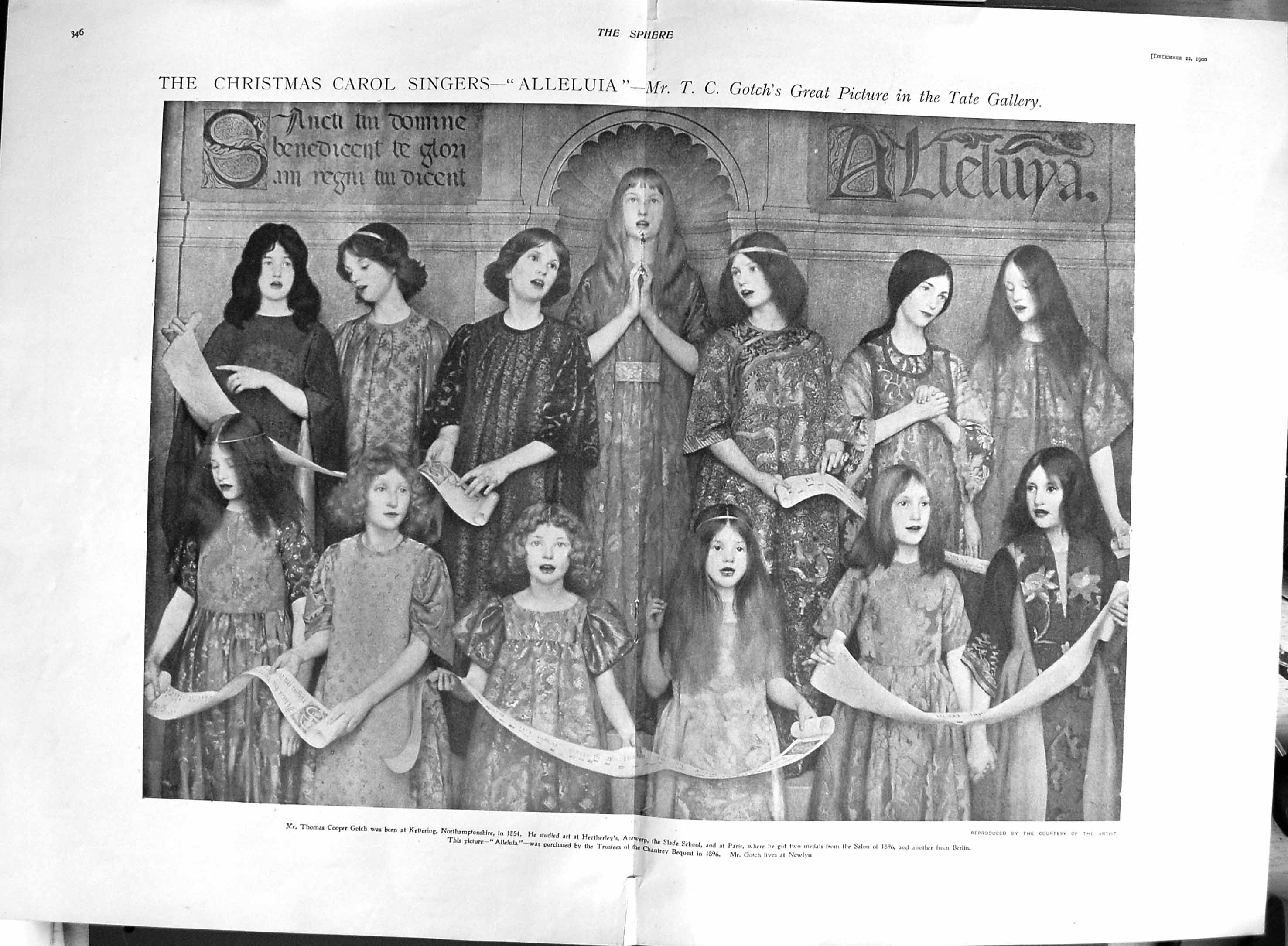 Original Old Antique Print 1900 Christmas Carol Singers Alleluia Thomas Gotch