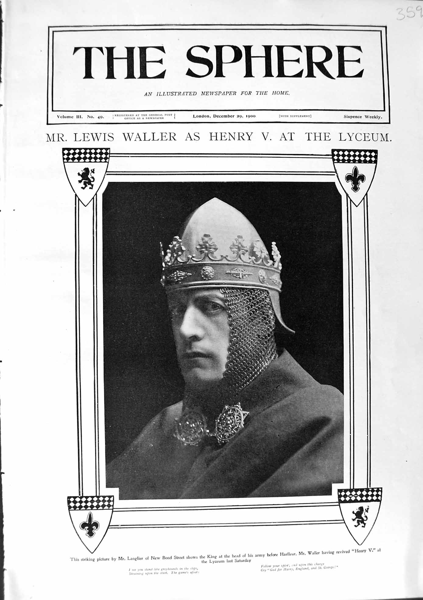 Old Antique Print 1900 Portrait Lewis Waller Henry V Lyceum Theatre Actor 20th