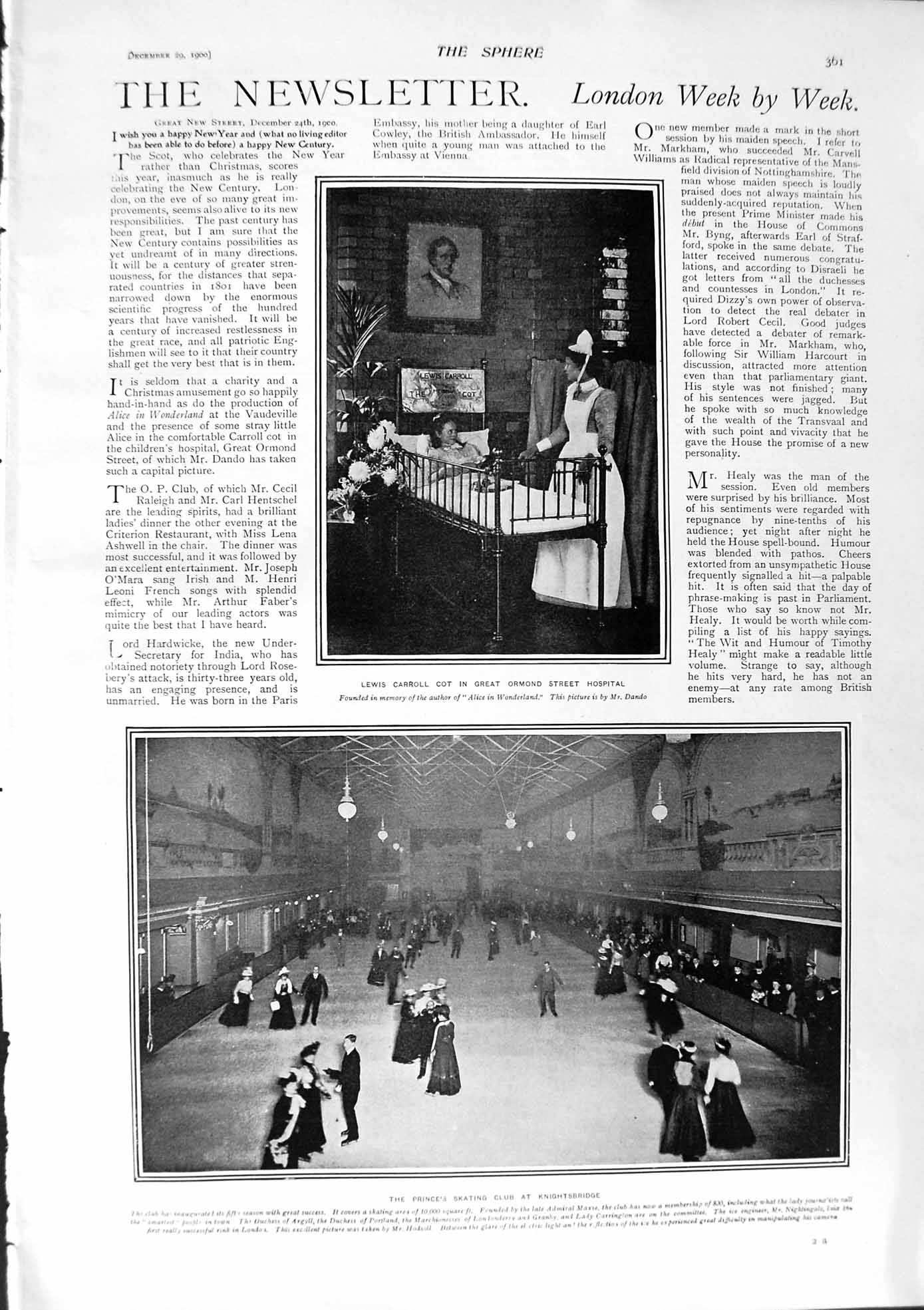 Original Old Antique Print 1900 Lewis Carroll Ormond Hospital Skating Salisbury