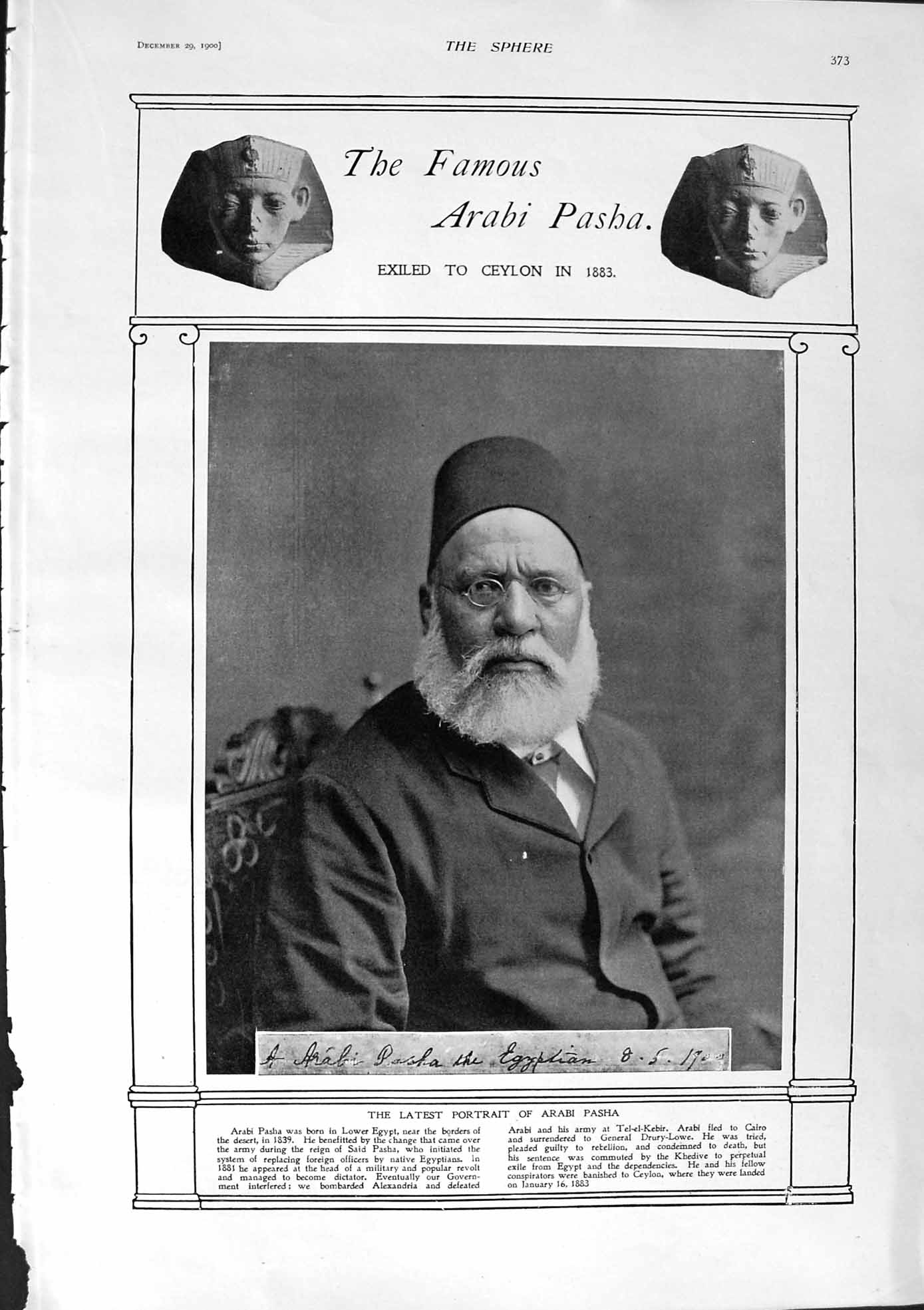 Original Old Antique Print 1900 Portrait Arabi Pasha Egypt Engleheart War Horse