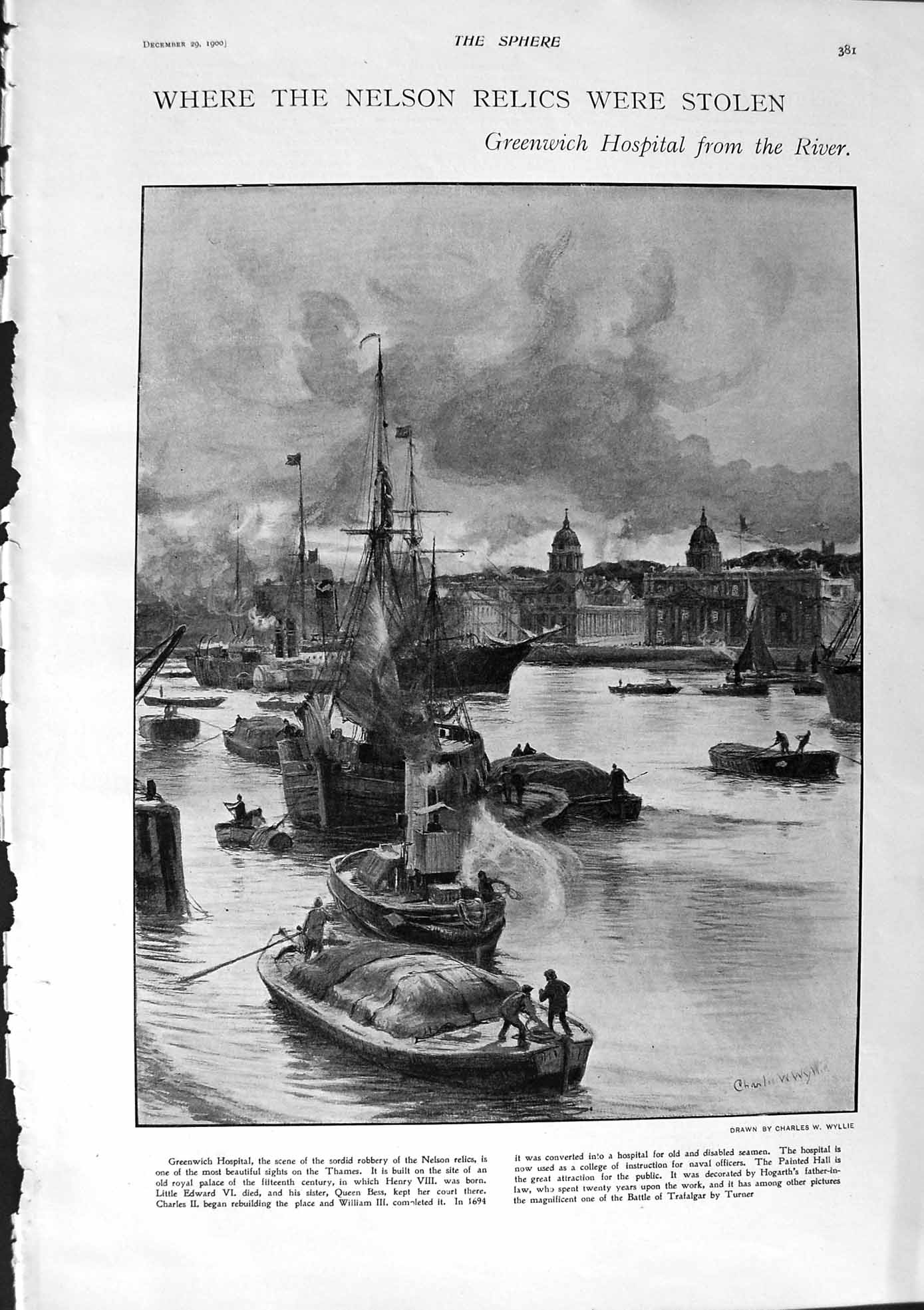 Old Antique Print 1900 Greenwich Hospital Nelson Boats Shakspere Portrait 20th