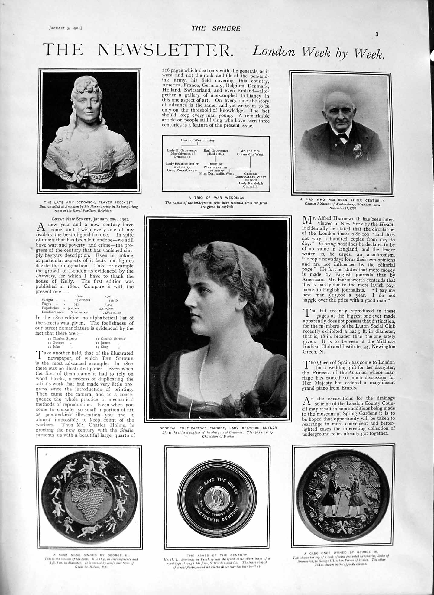 Old Antique Print 1901 Butler Richards Cask Player Beresford Baden-Powell 20th